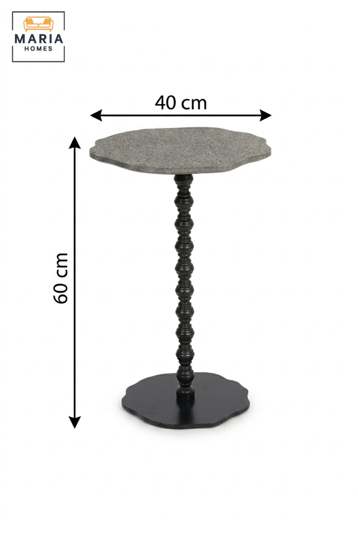 Modern Grey Top Side Table with Decorative Black Pedestal Base, Compact Accent Table for Living Room, Bedroom, Sofa Side & Lounge – 40 × 60 cm