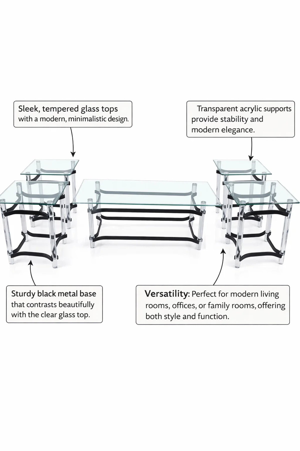 Modern 5-Piece Center Table Set Acrylic Legs Tempered Glass Top Black Details Living Room Unit