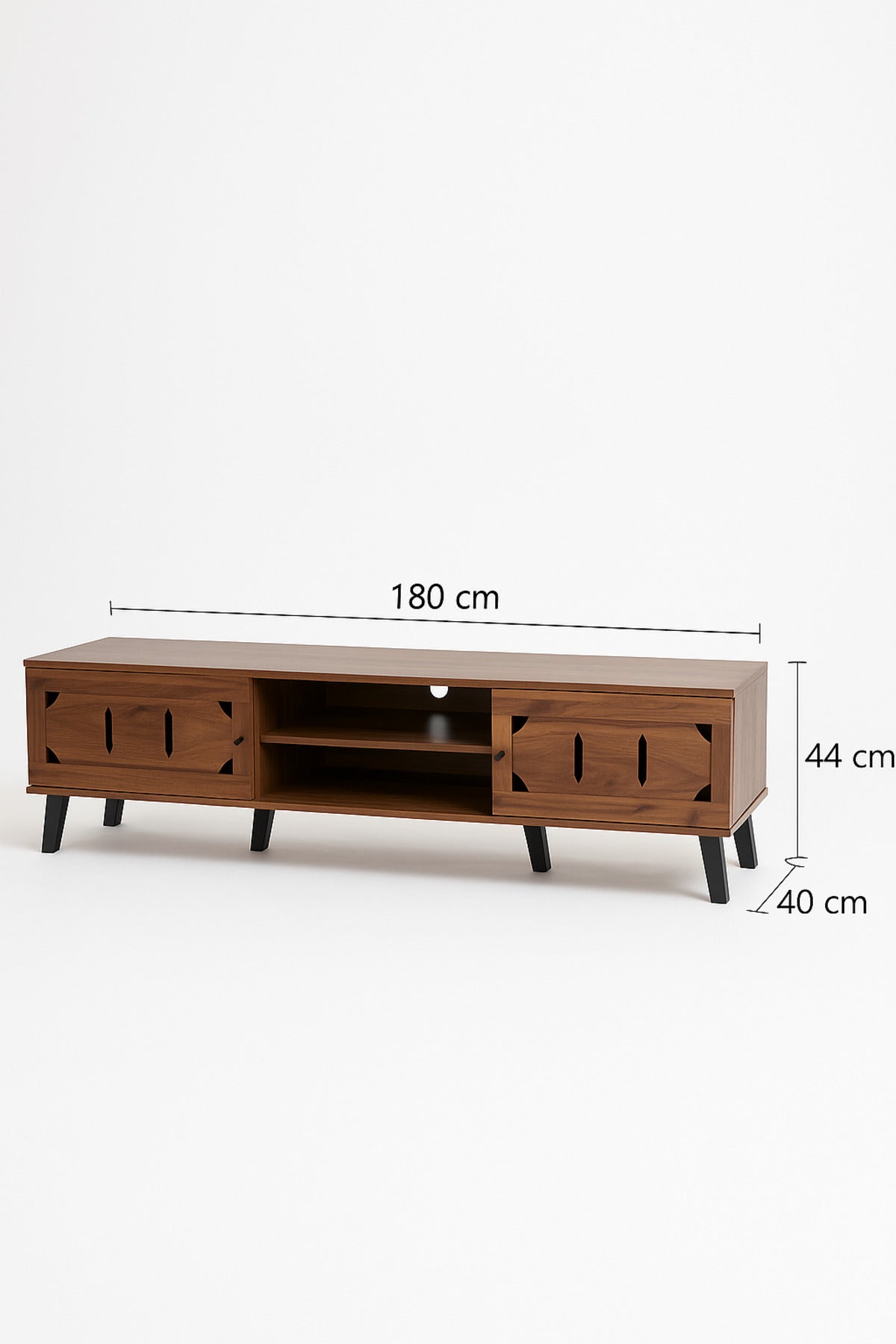 Dark Brown Wooden TV Stand 180_40_44 cm Ð Modern TV Unit with Cutout Design Doors and Open Shelves