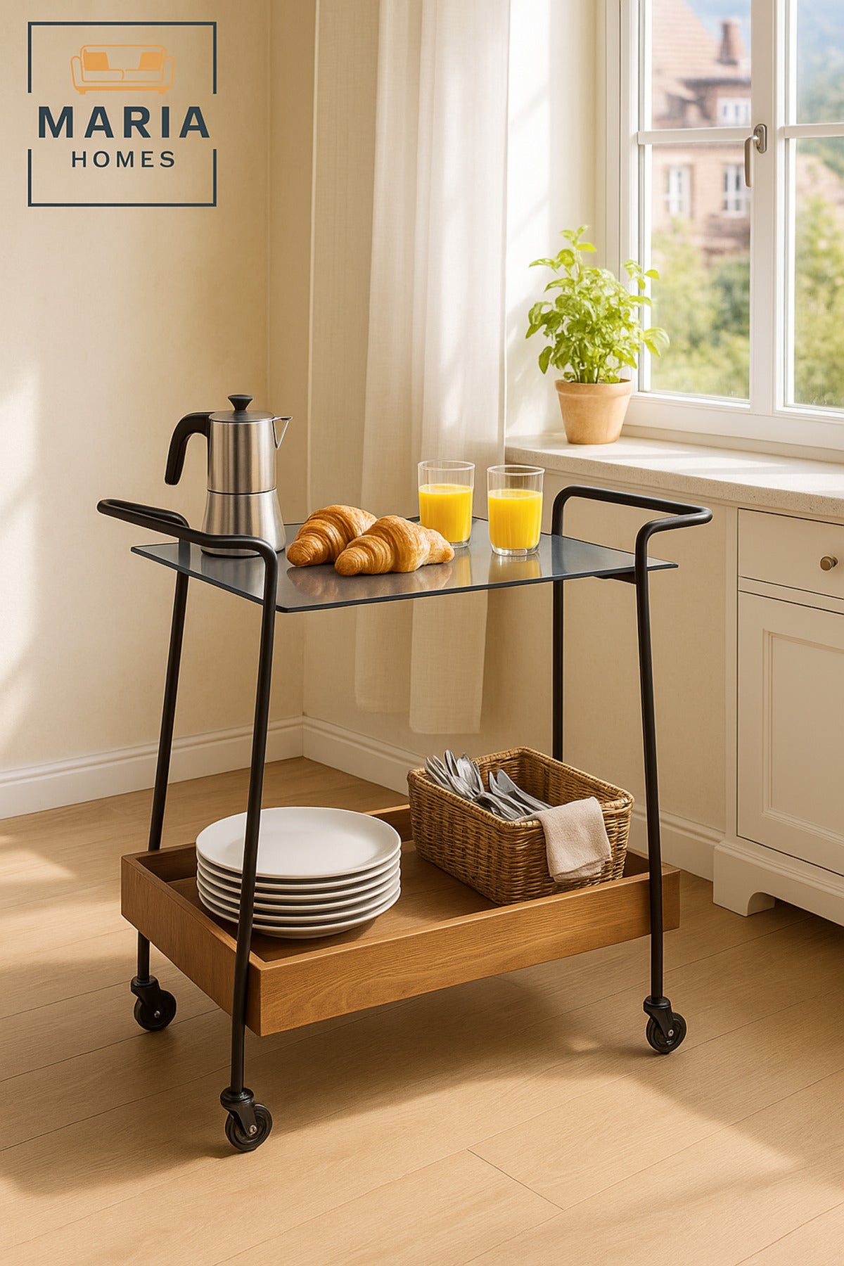 Bar Trolley with Brown Wooden Tray & Gray Glass Top Ð Modern Serving Cart with Wheels 70_45_85 cm