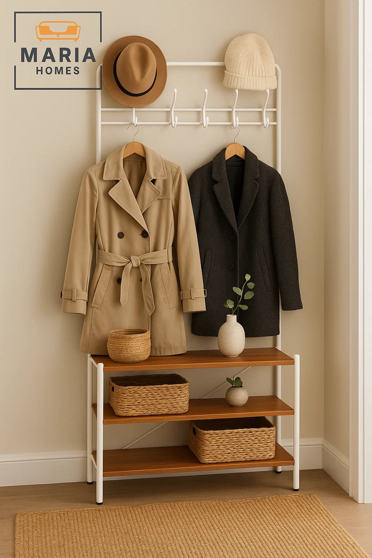 White Coat Rack with 12 Hooks & 3-Tier Shoe Shelf √ê 190x79x30 cm