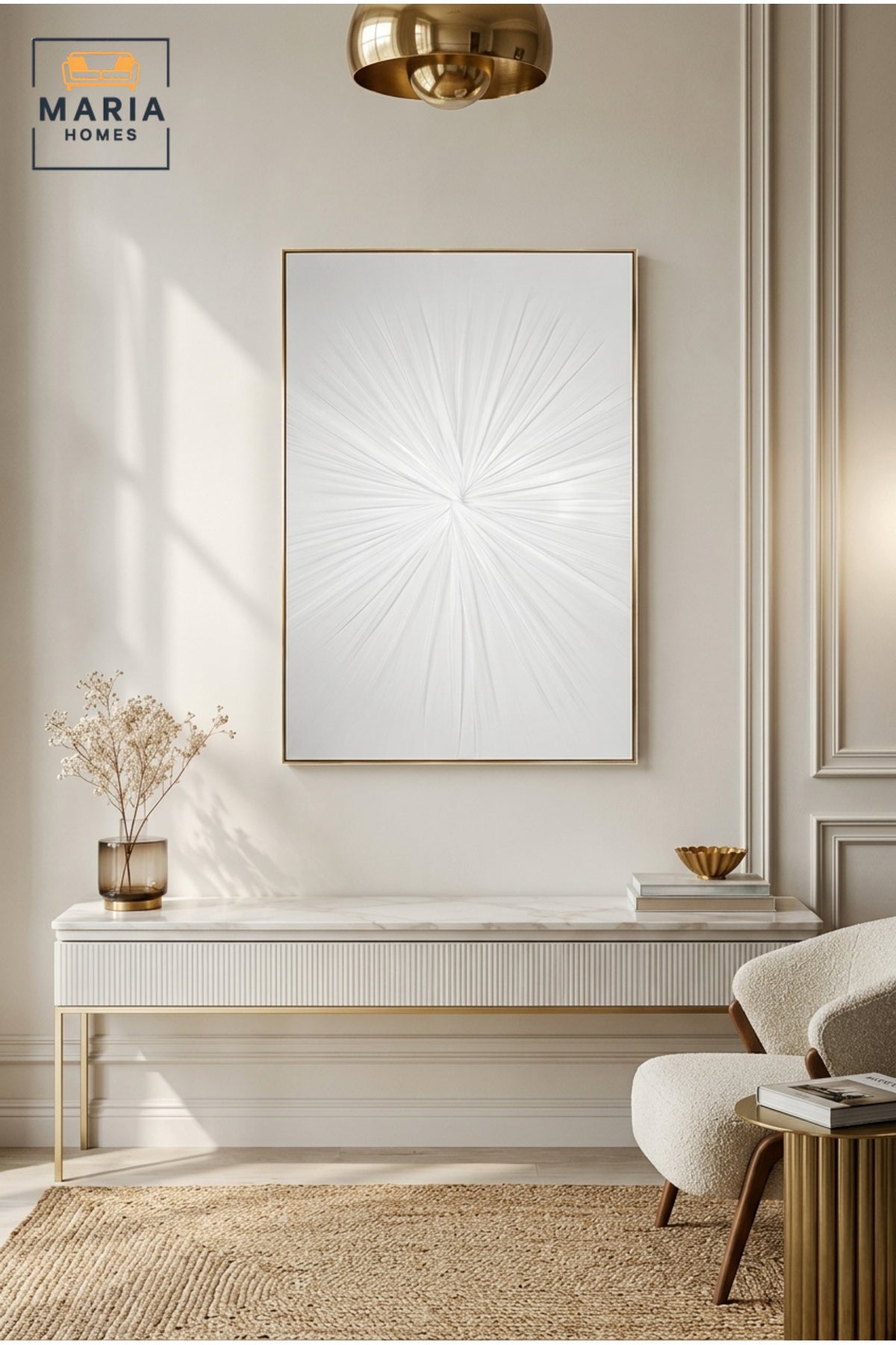 White Radiating Texture Wall Art with Gold Frame √ê Modern Abstract Minimalist Statement Artwork