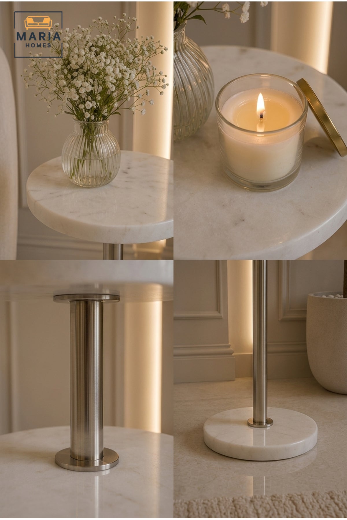 Modern Marble Side Table Round End Table Accent Table for Living Room Bedroom White Silver