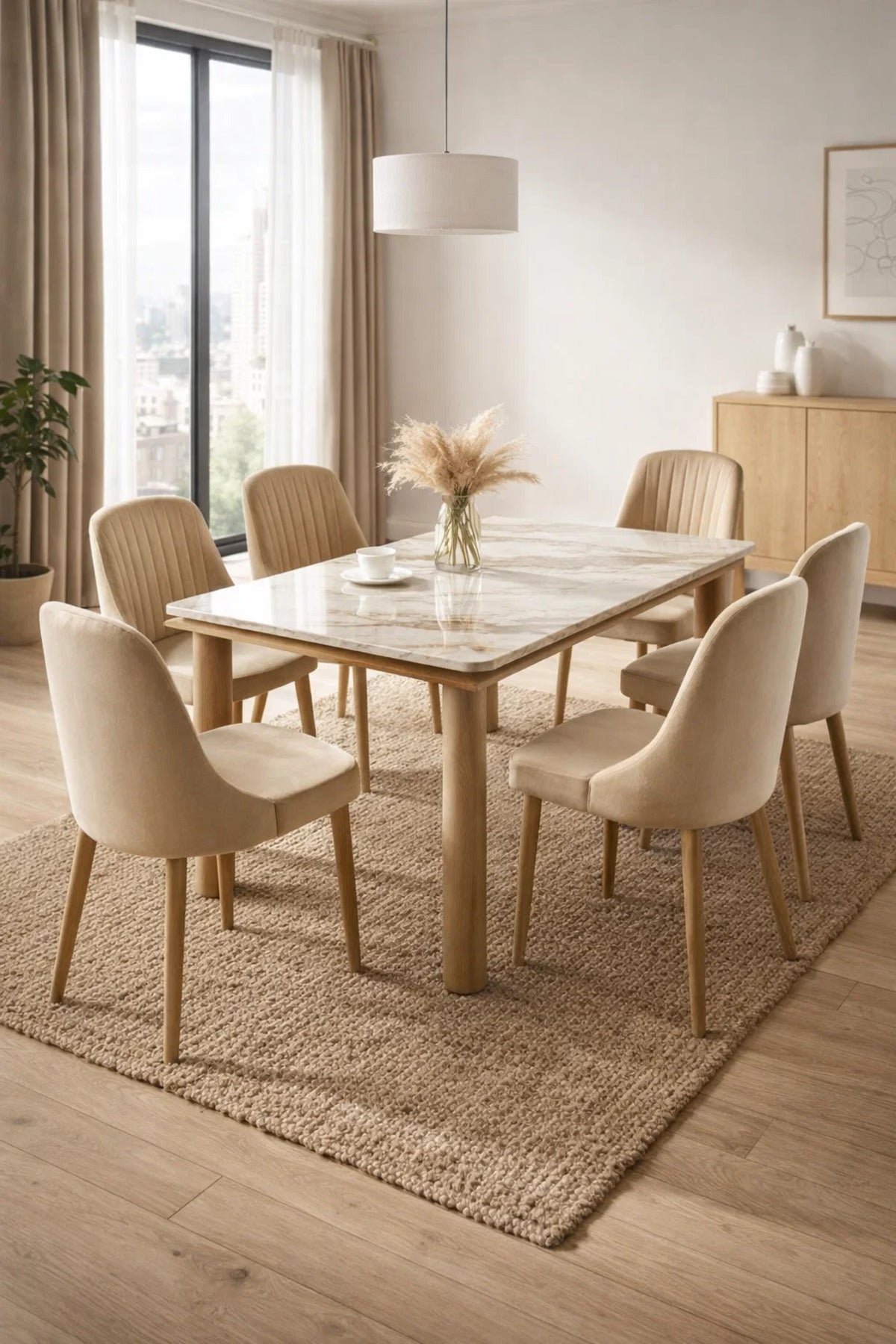Elegant 7 Piece Dining Table Set Faux Marble Top 6 Beige Velvet Chairs Solid Wood Legs Modern