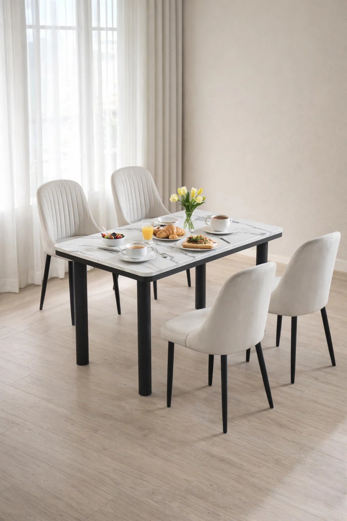 Elegant 5-Piece Dining Table Set Marble Pattern Top with 4 Upholstered Chairs for Kitchen 130cm