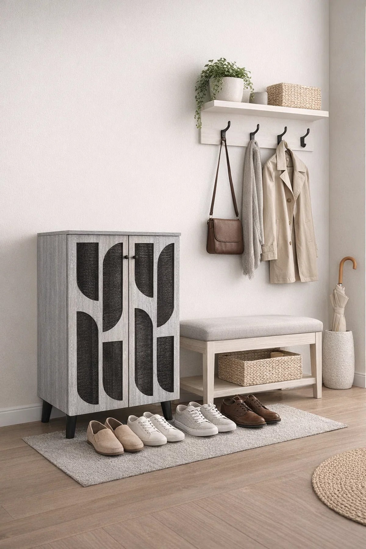 Grey Shoe Cabinet 60_34_91 cm √ê Modern Shoe Organizer with Decorative Doors