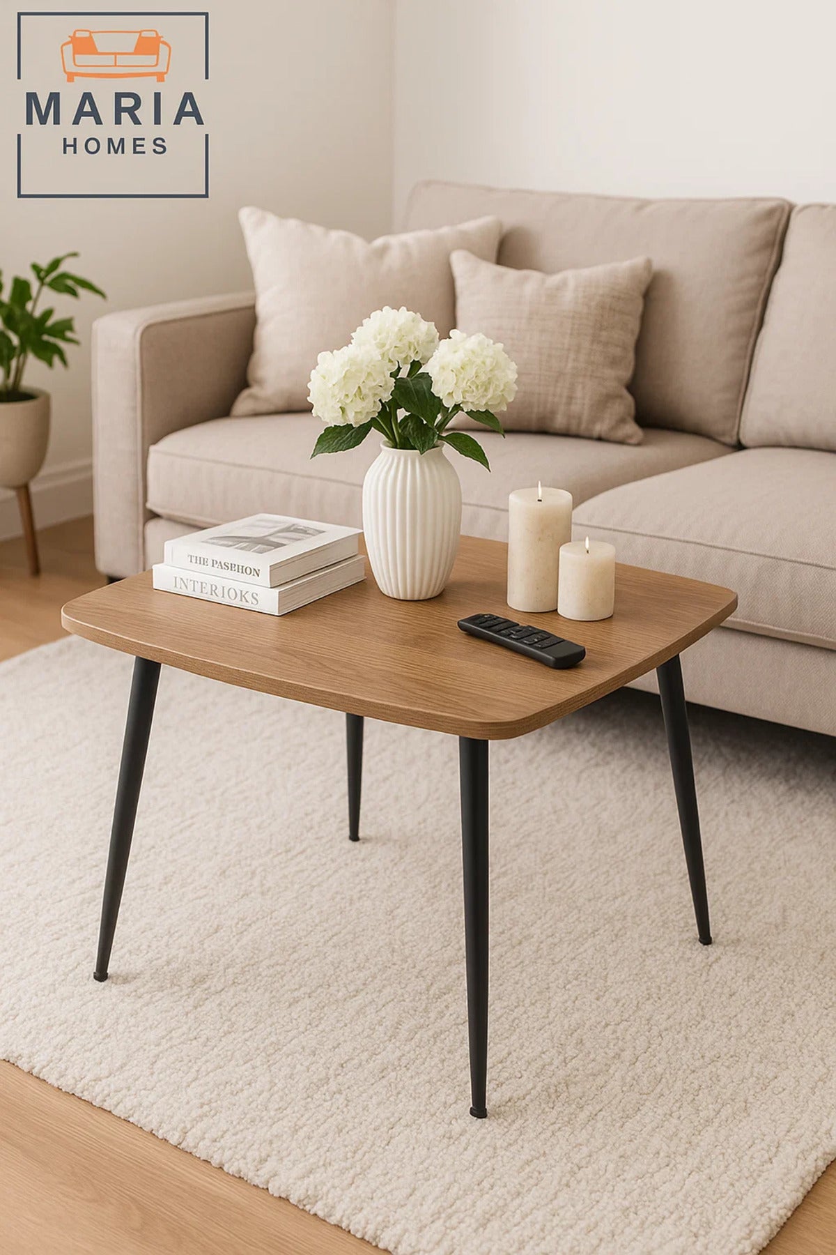 Square Wooden Side Table with Sleek Black Legs Ð Natural Finish
