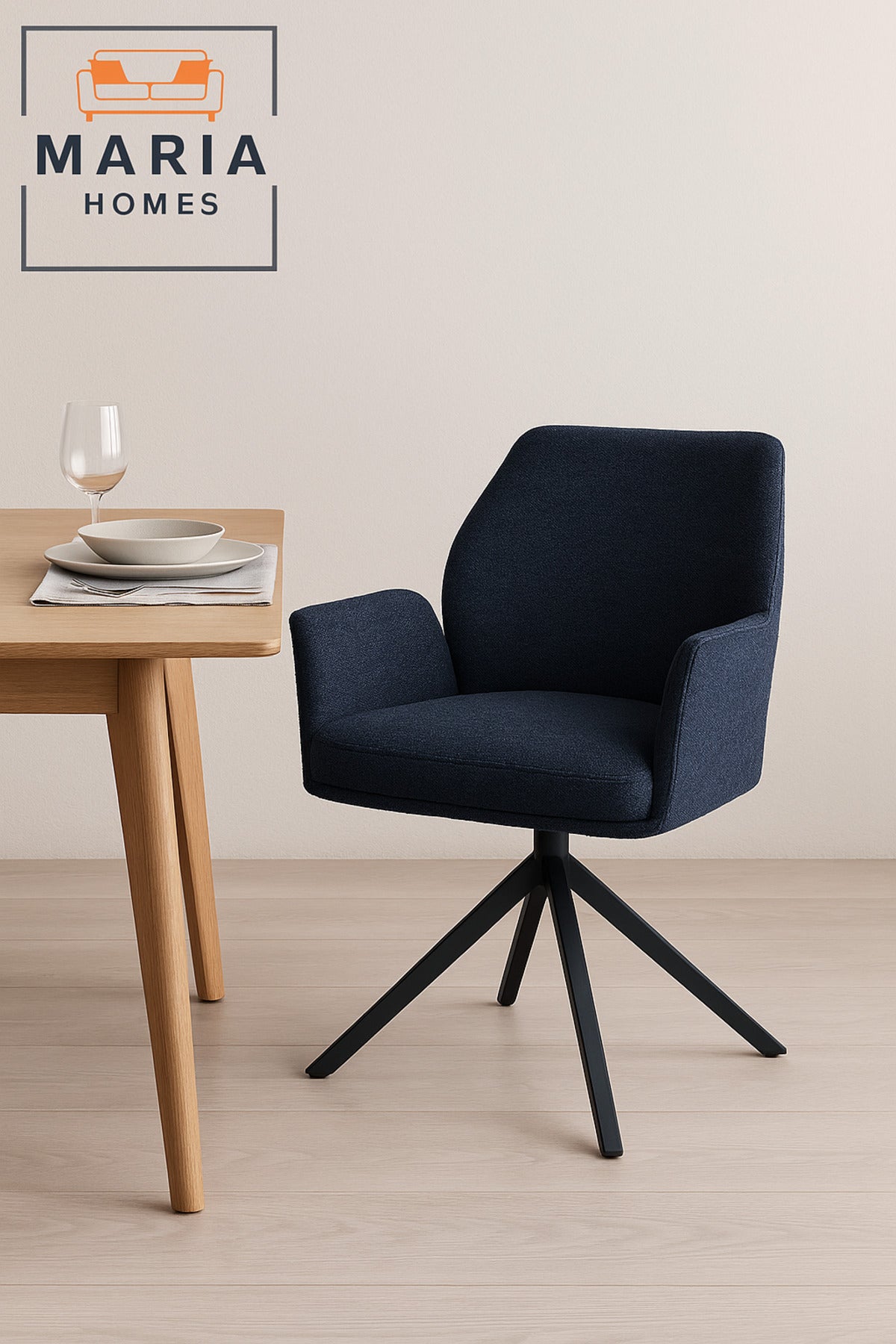 Dark Blue Swivel Armchair Ð Modern Fabric Upholstery with Sturdy Metal Base