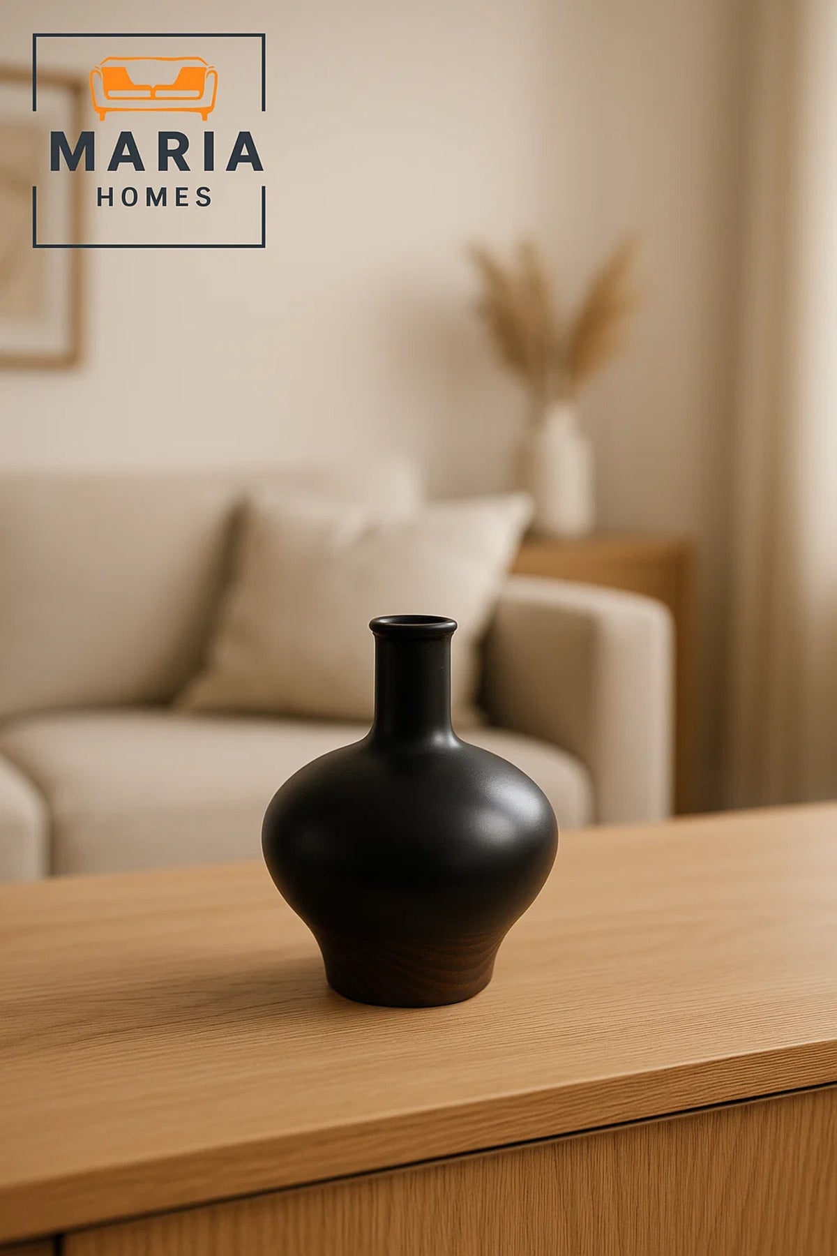 Contemporary Black Ceramic Vase with Wood-Tone Base Ð Rounded Neck Design