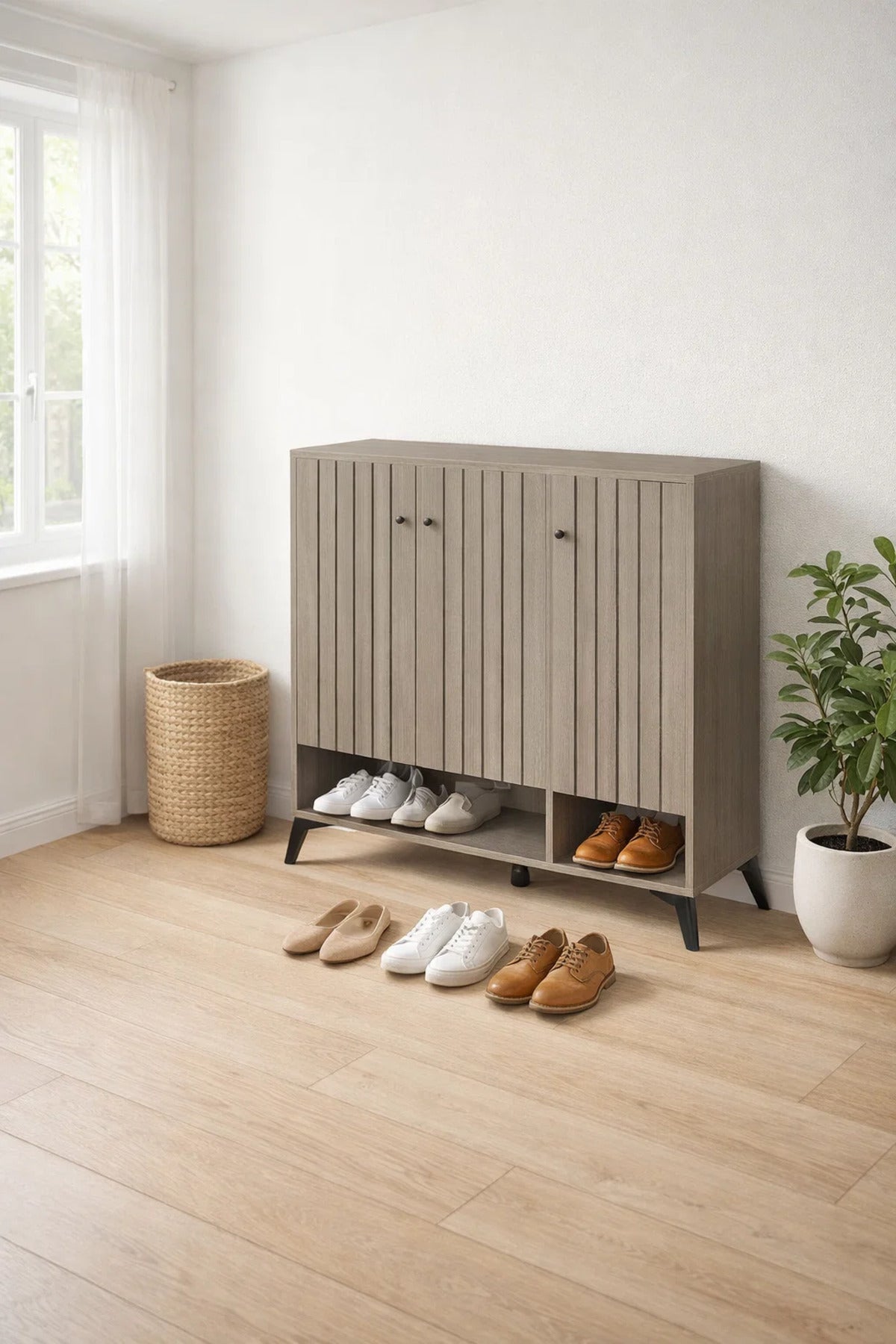 Modern Grey Slatted Shoe Cabinet with Three Doors and Open Bottom Shelf for Hallway Storage 100cm