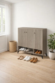 Modern Grey Slatted Shoe Cabinet with Three Doors and Open Bottom Shelf for Hallway Storage 100cm