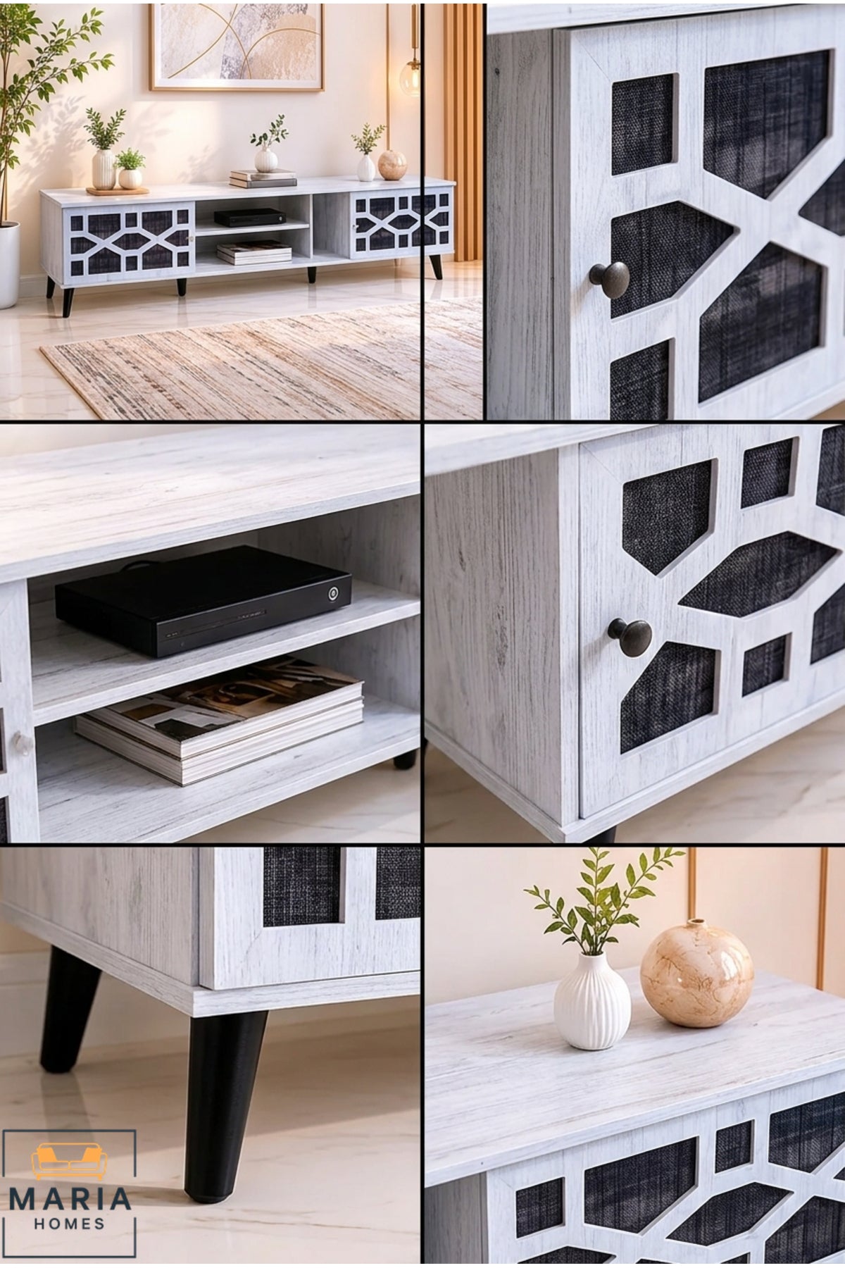 Modern TV Unit with Geometric Door Design and Open Storage √ê Contemporary Entertainment Center
