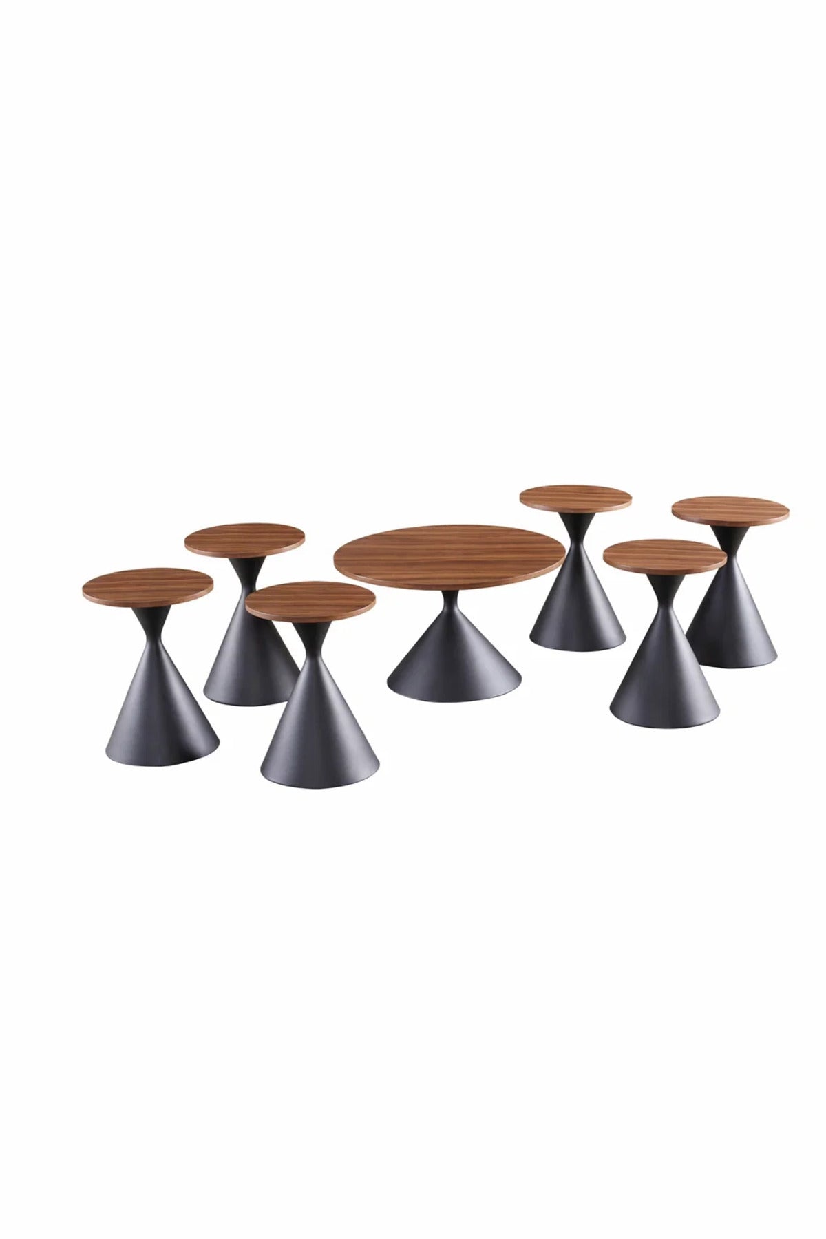 Modern 7-Piece Coffee Table Set Walnut Round Center Table and 6 Side Stands Living Room Decor
