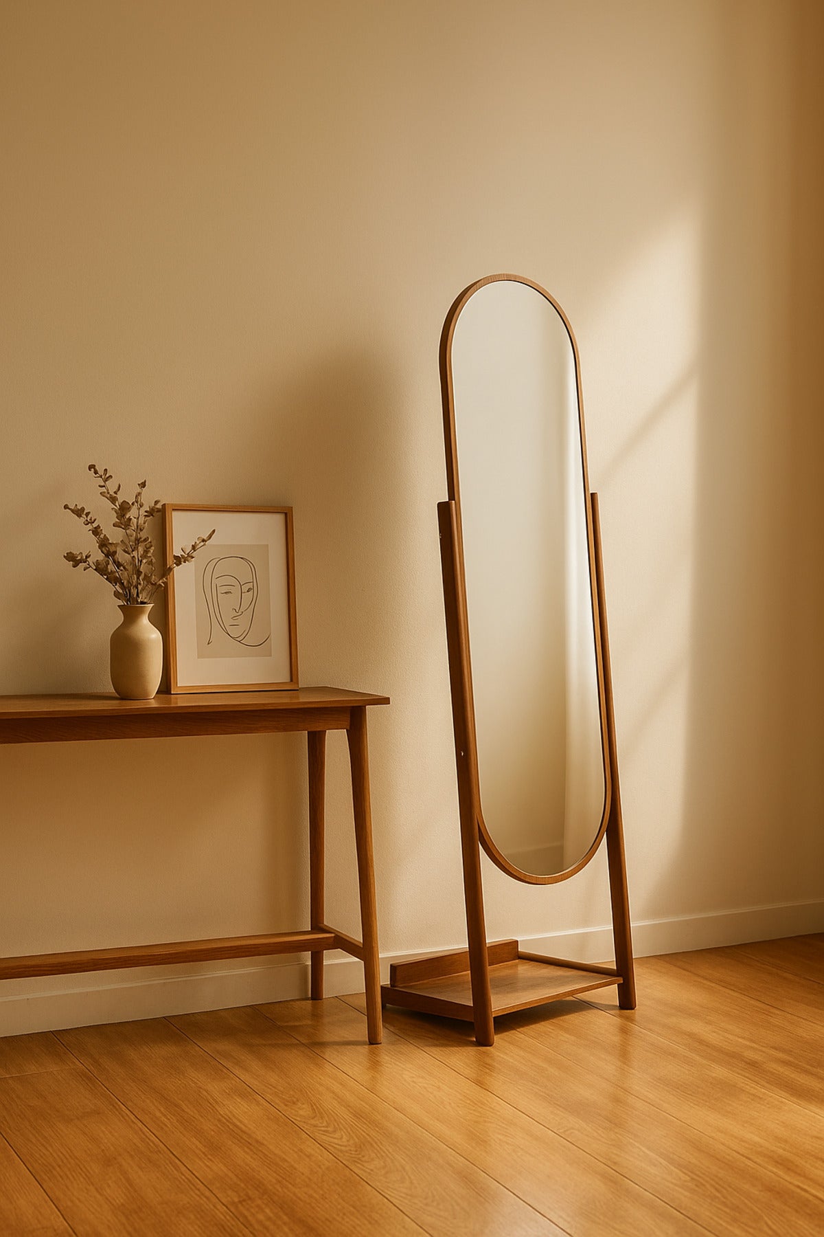 Full-Length Oval Standing Mirror 170_44_32 cm Ð Walnut Wood Frame Dressing Mirror with Base Shelf