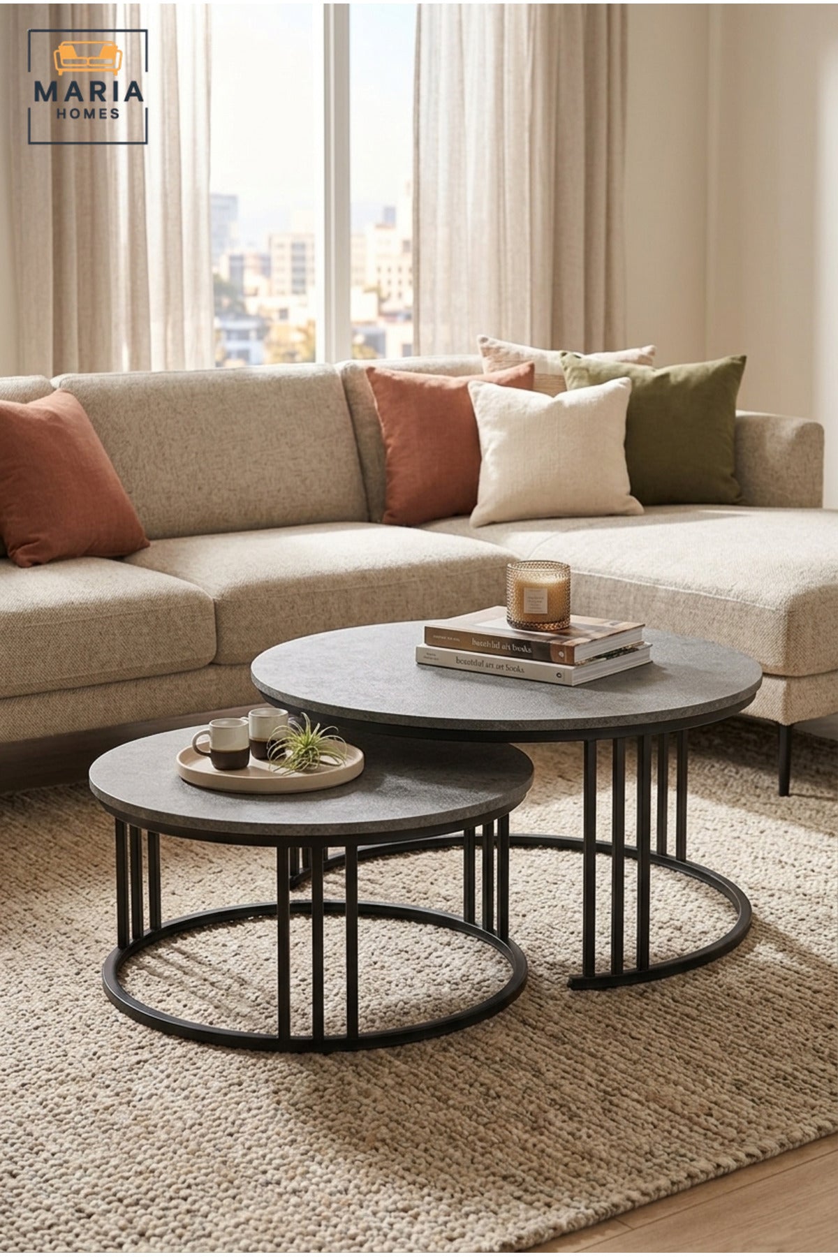 Modern Nesting Coffee Table Set with Round Stone-Effect Tops and Open Metal Frames, Space-Saving Center Tables for Living Room, Lounge and Office