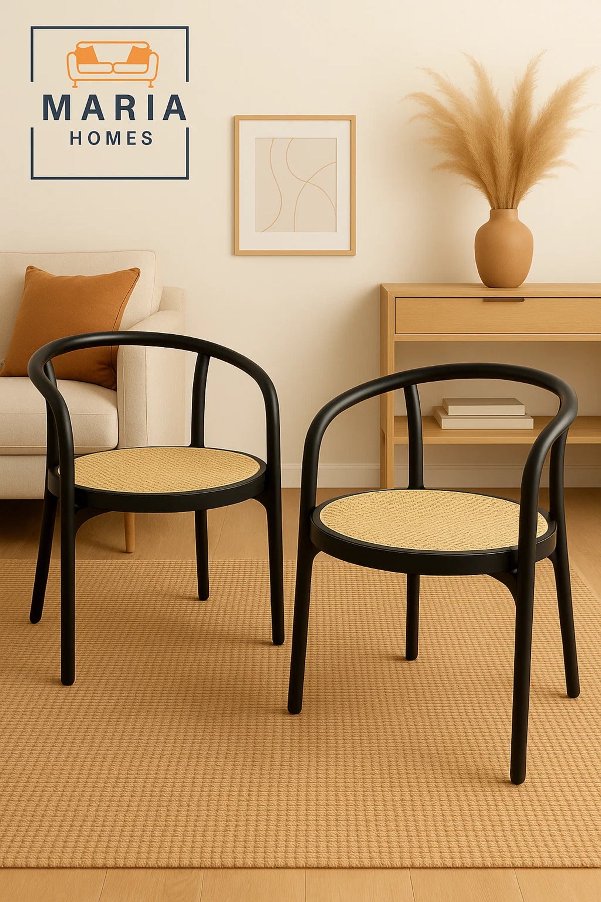 Modern Black Cane Armchair Ð Round Back Wood Chair with Woven Rattan Seat for Dining or Lounge