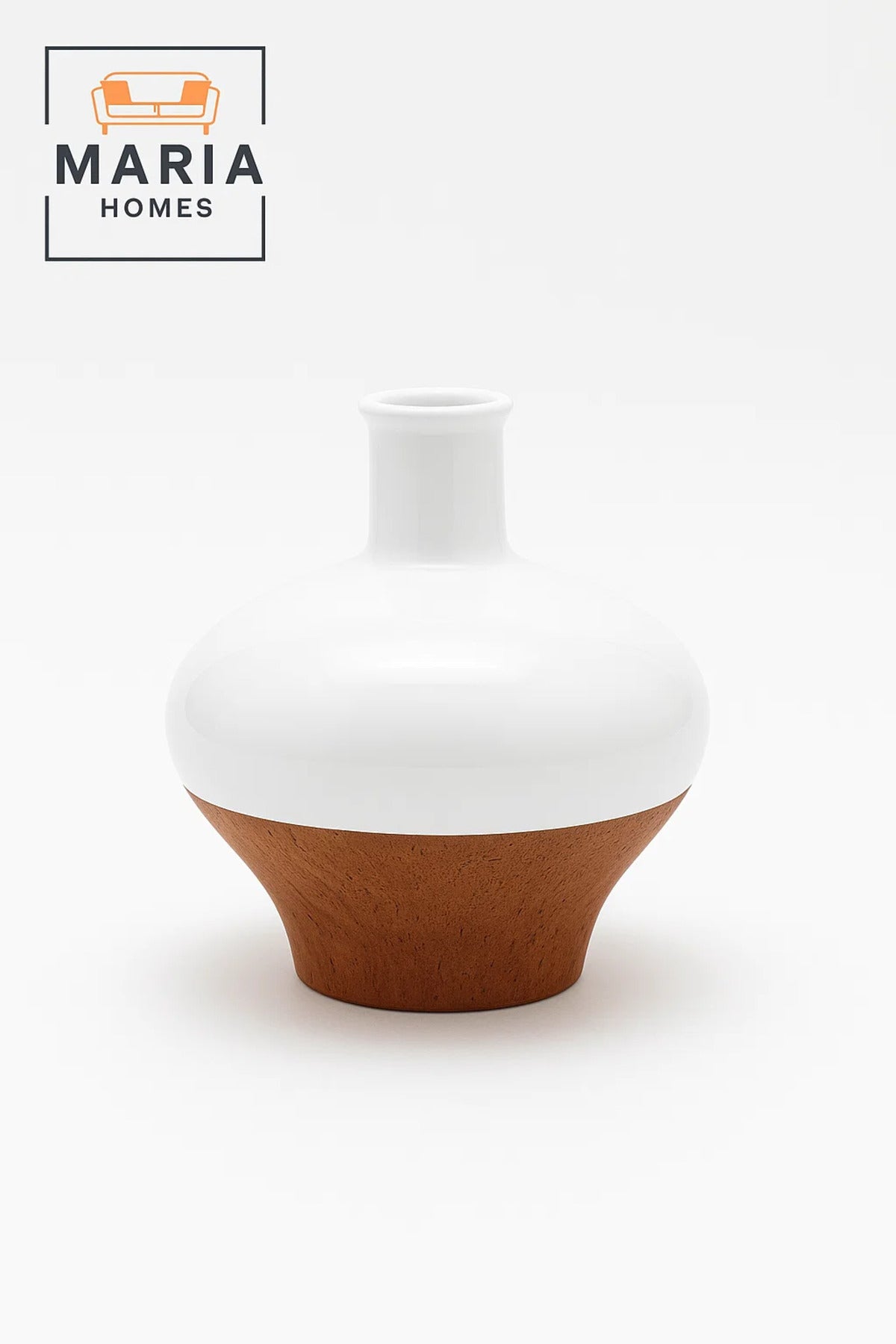White and Cork Finish Ceramic Vase – Wide Round Decorative Flower Pot