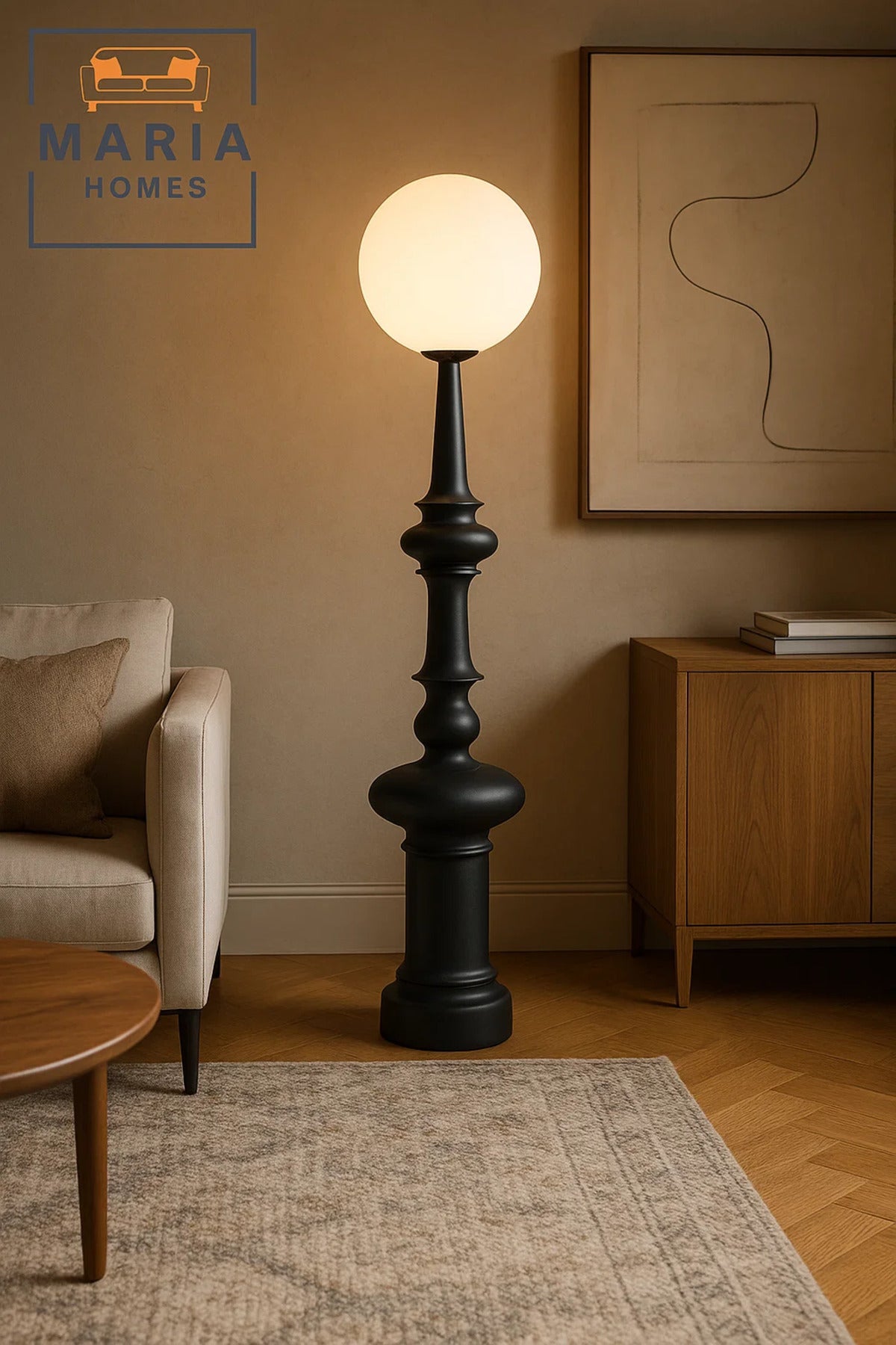Sculptural Black Floor Lamp with Frosted Globe Shade