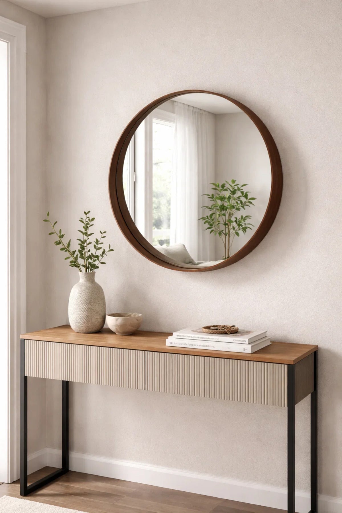 Premium Large Round Wall Mirror 90cm Dark Wood Frame Stylish Home Decor for Living Room Hallway