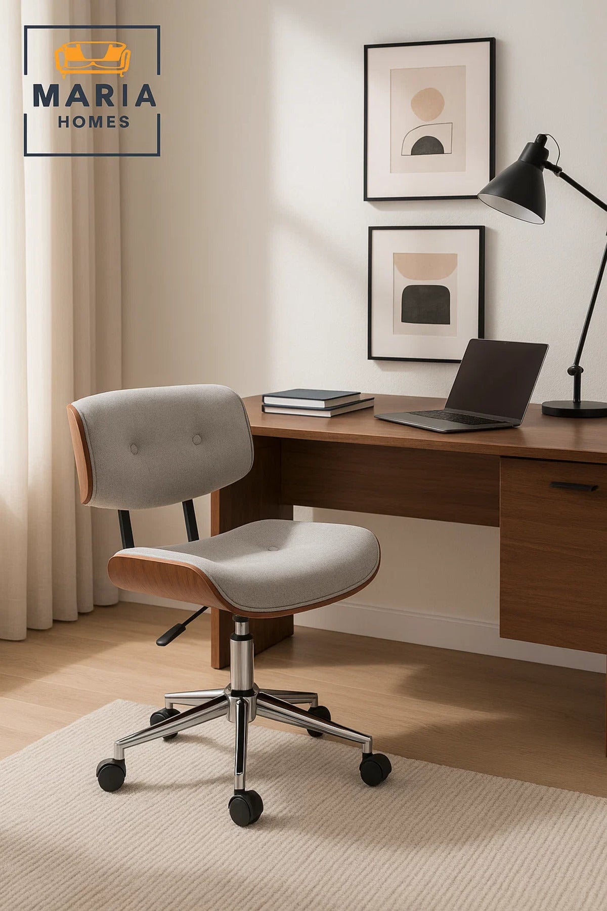 Light Grey Mid-Century Office Chair, Adjustable Swivel Desk Chair with Wheels and Cushion