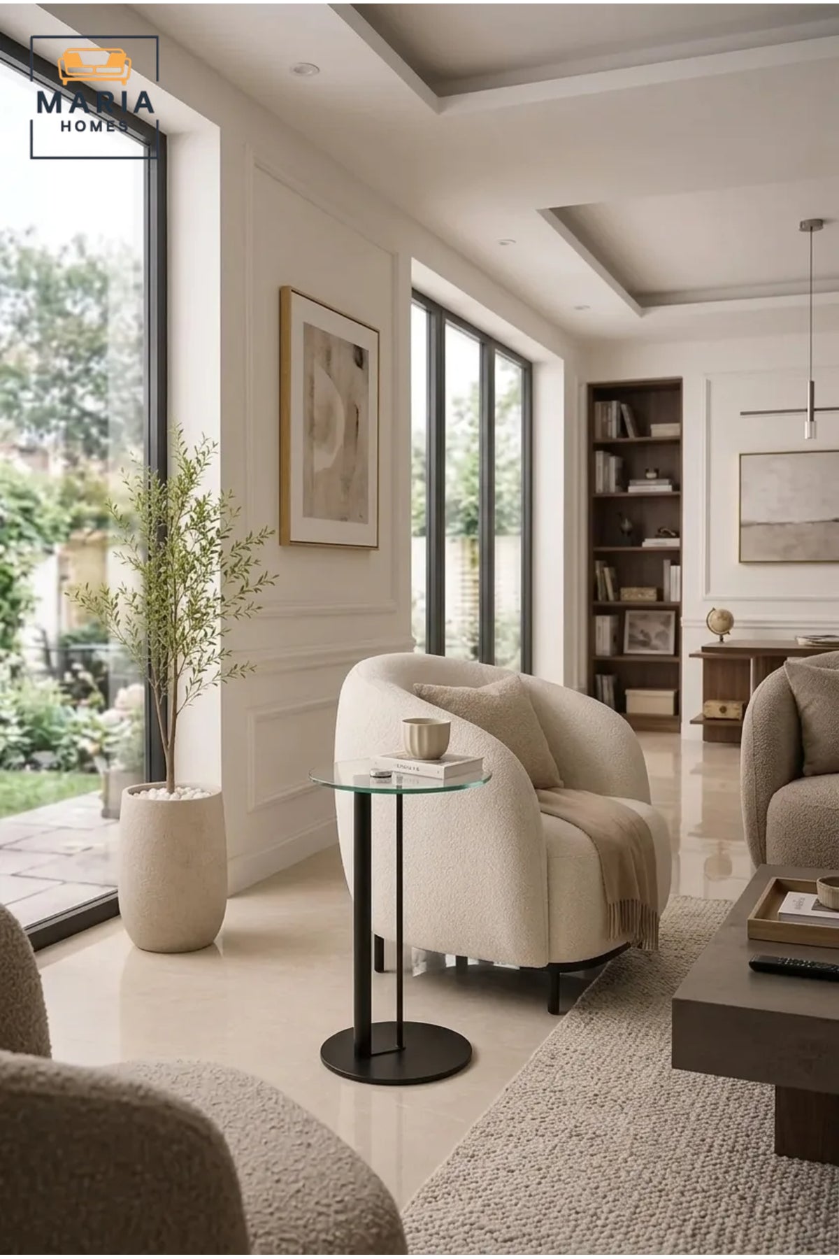 Modern Round Glass Side Table with Black Metal Frame and Minimalist Pedestal Base