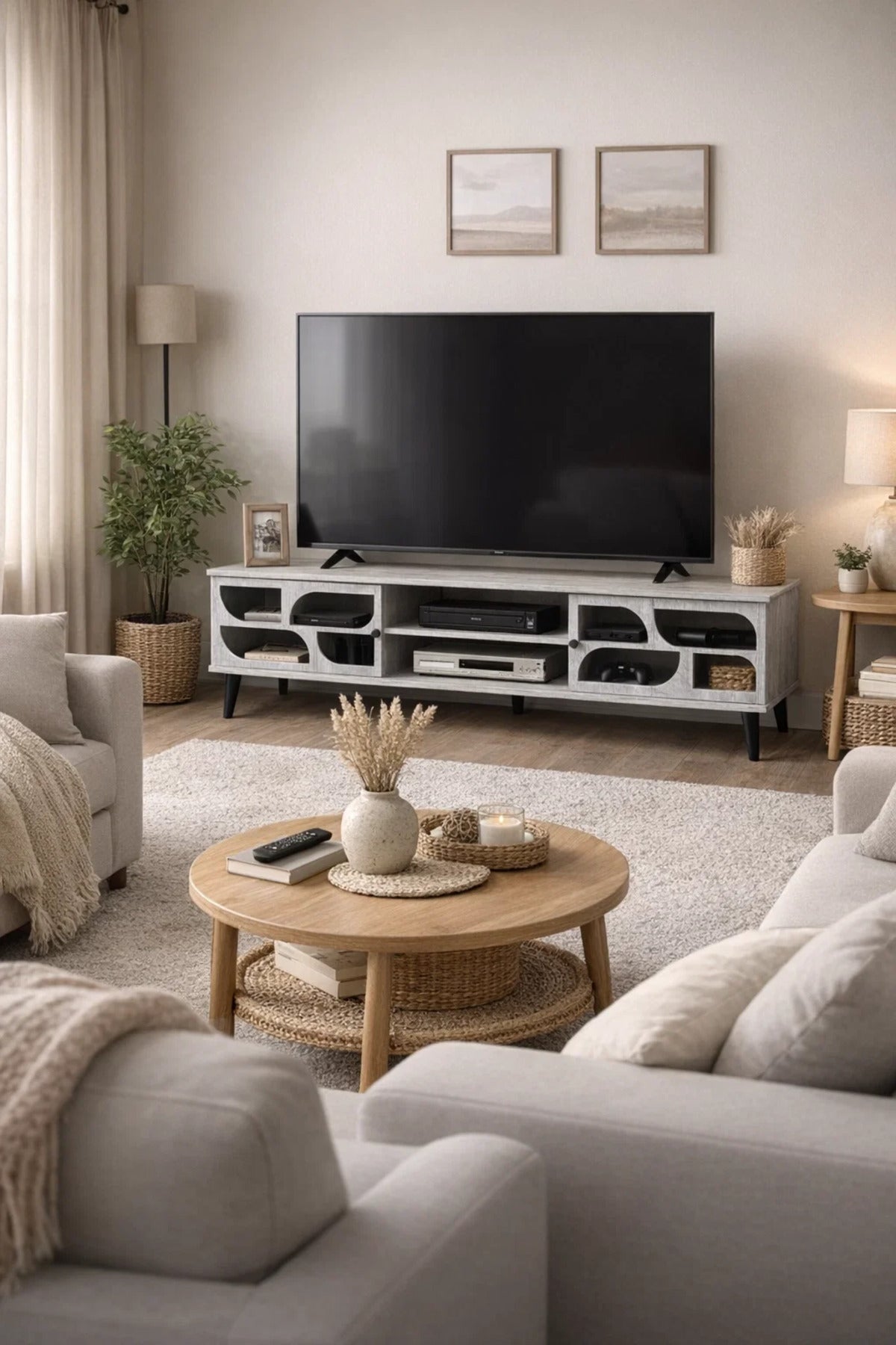 Modern Grey TV Table Media Console 180cm with Storage Shelves for Living Room Entertainment Center