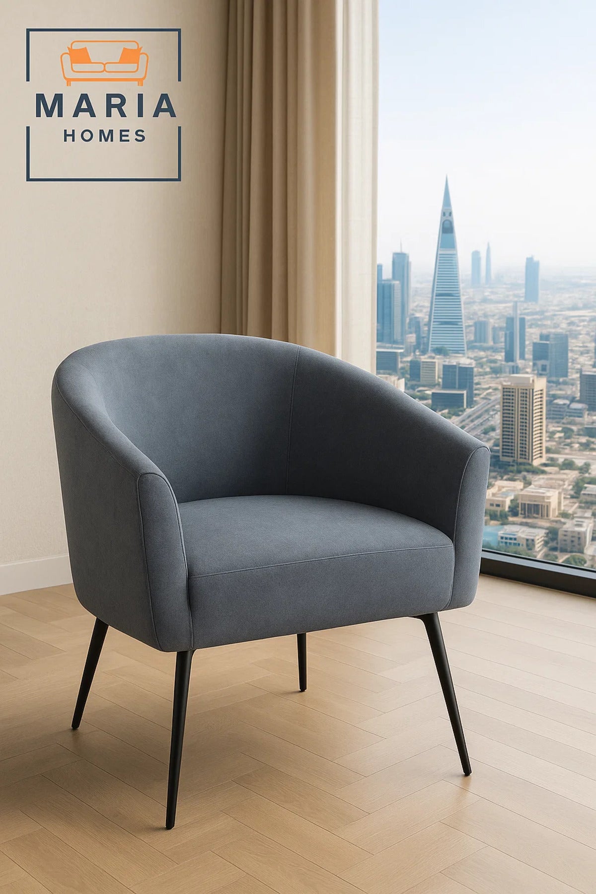 Blue Curved Arm Lounge Chair Ð Upholstered Accent Chair with Black Legs for Home, Office, or Lobby