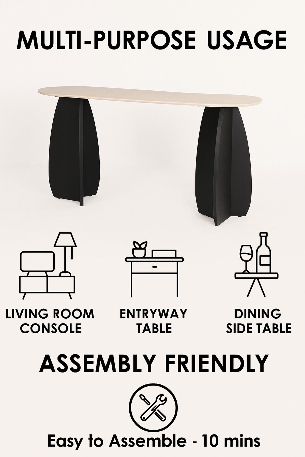 Modern Black Console Table 140_40_80 cm Ð Wooden Base with Beige Top for Entryway & Living Room
