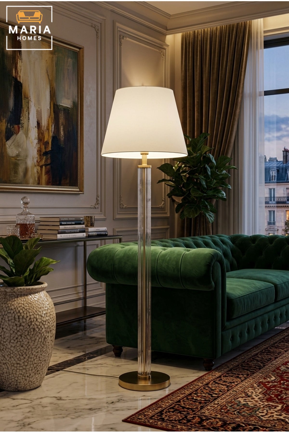 Modern Clear Glass Floor Lamp with Textured Column, Gold Accents, Fabric Shade and Round Base Elegant Standing Light for Living Room Bedroom and Office