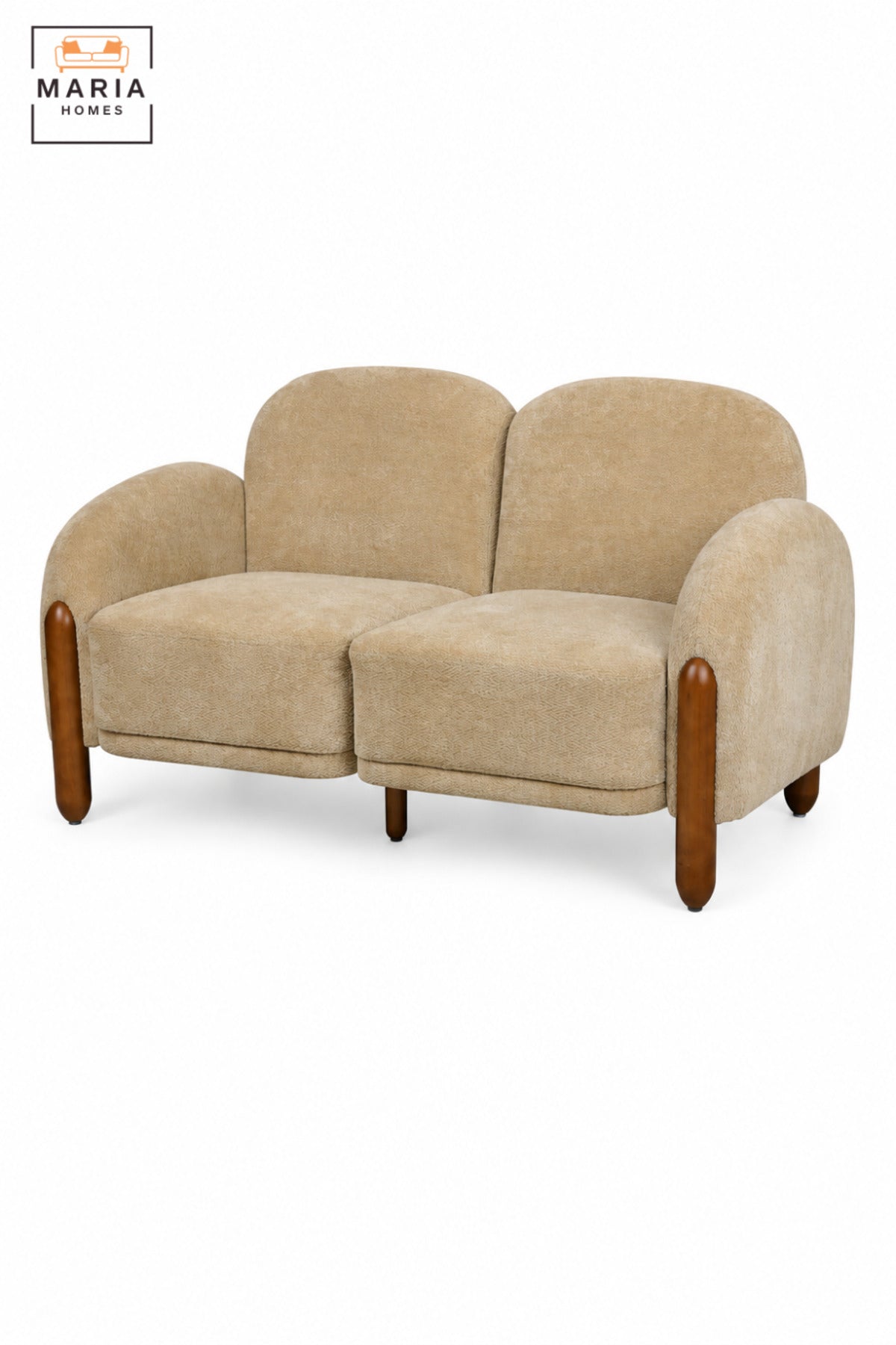 Modern 2 Seater Upholstered Sofa with Curved Armrests, Padded Cushions, Rounded Backrest and Wooden Legs for Living Room, Lounge and Bedroom