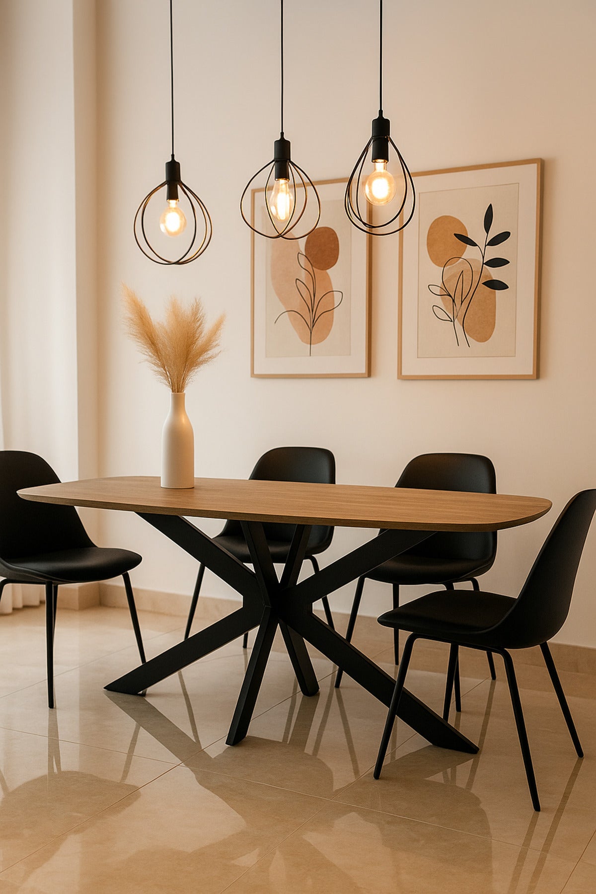 Modern Brown Dining Table Ð 180_90_75 cm | Elegant Wooden Top Table with Black Metal Cross Legs