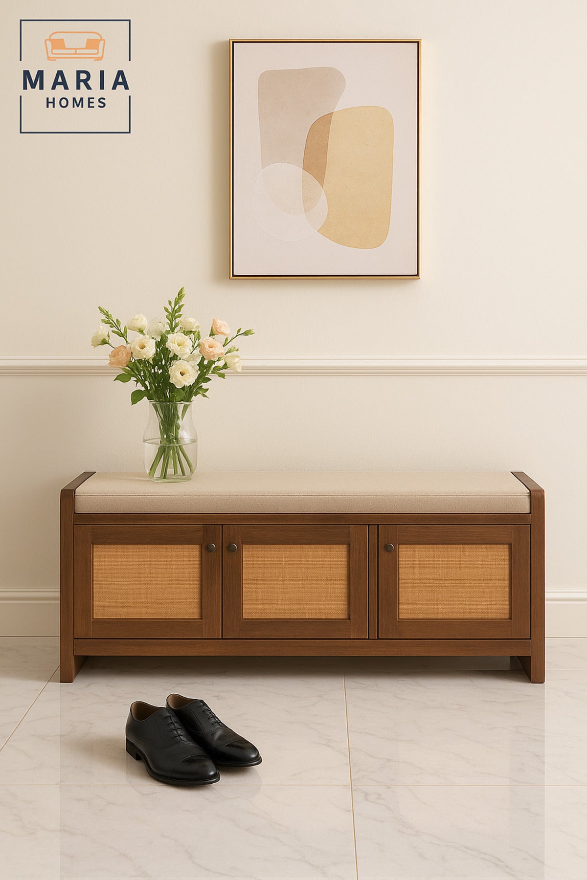 Brown Wooden Storage Bench with Rattan Doors & Cushion Seat Ð Shoe Cabinet (120_40_52 cm)