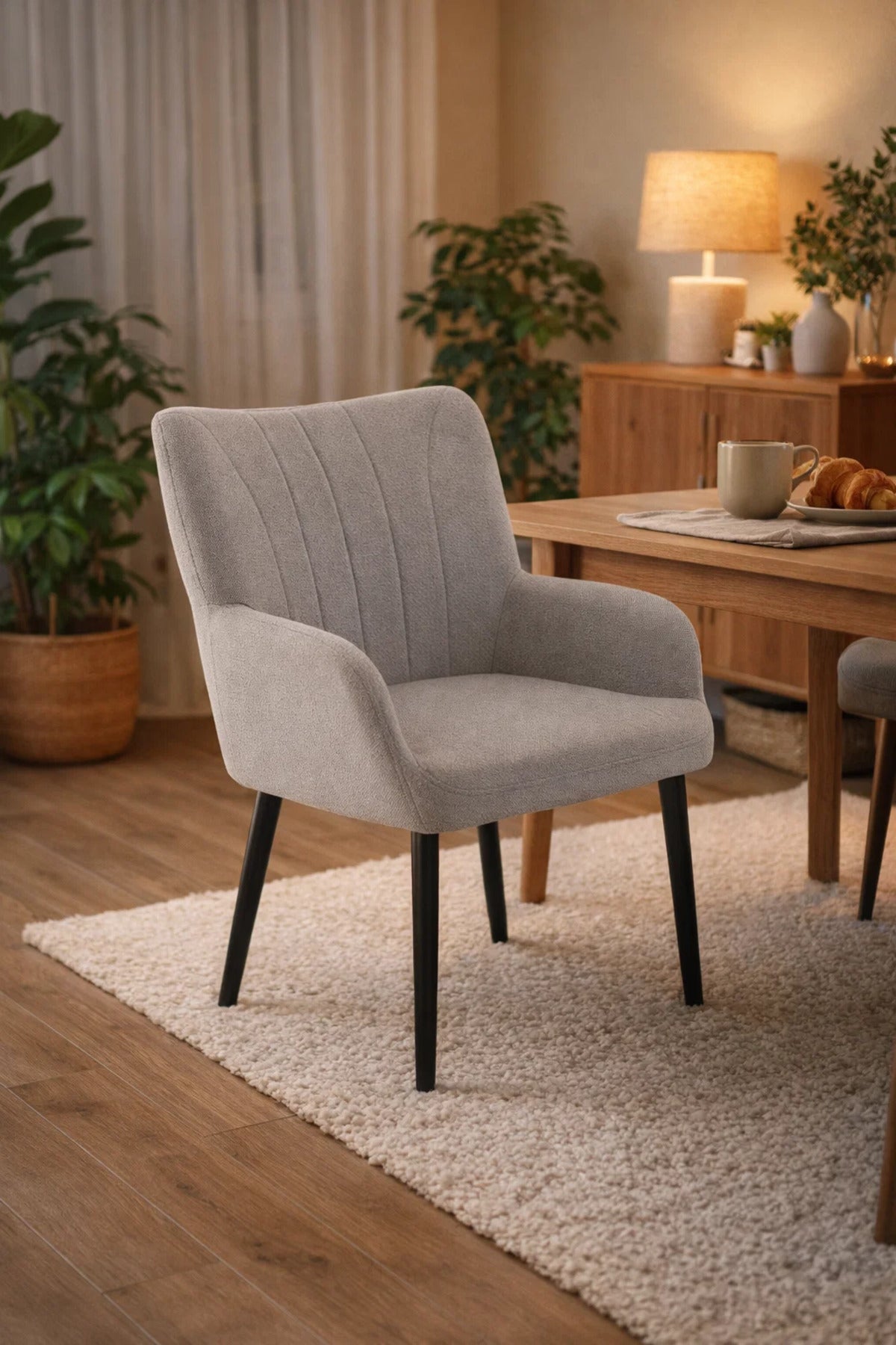 Luxury Grey Boucle Dining Chair with Arms Modern Upholstered Armchair Black Legs Living Room