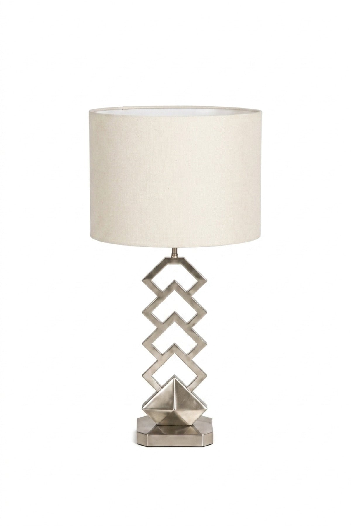 Modern Geometric Silver Table Lamp with White Drum Fabric Shade and Open Sculptural Base for Bedroom, Living Room, Office, Hotel and Bedside Décor