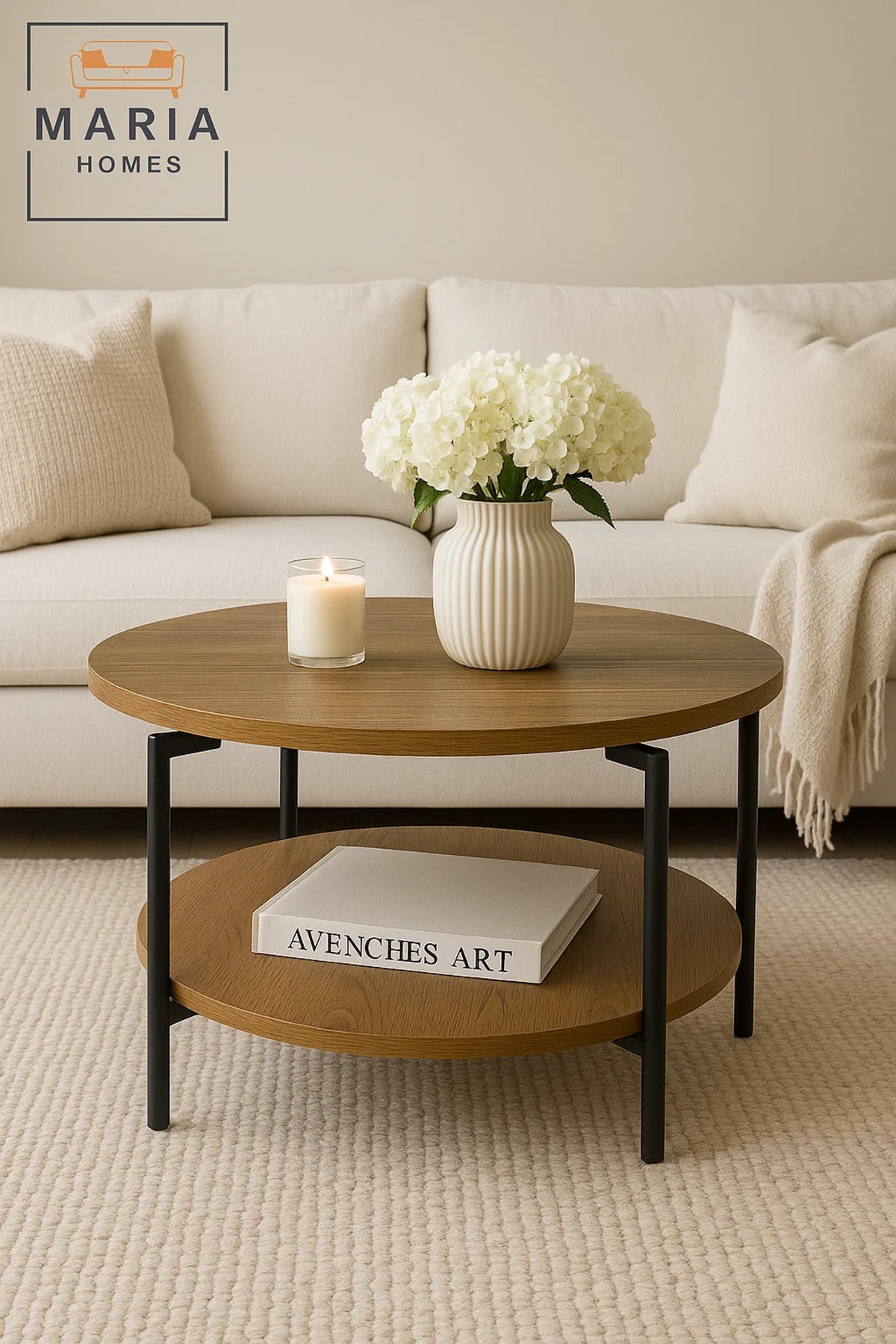 Round oak-finish coffee table with lower shelf and black frame
