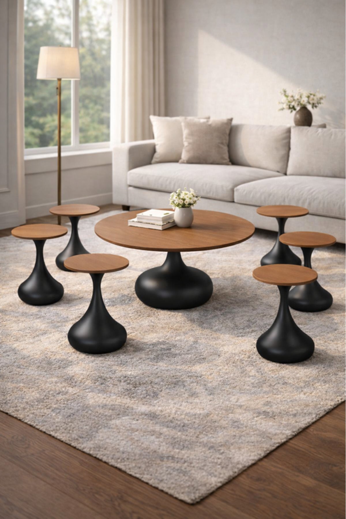 Round Light Brown Coffee Table Set with 6 Side Tables 80 _ 80 _ 48 cm