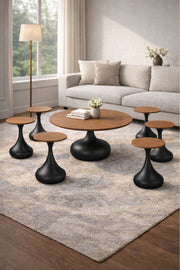 Round Light Brown Coffee Table Set with 6 Side Tables 80 _ 80 _ 48 cm