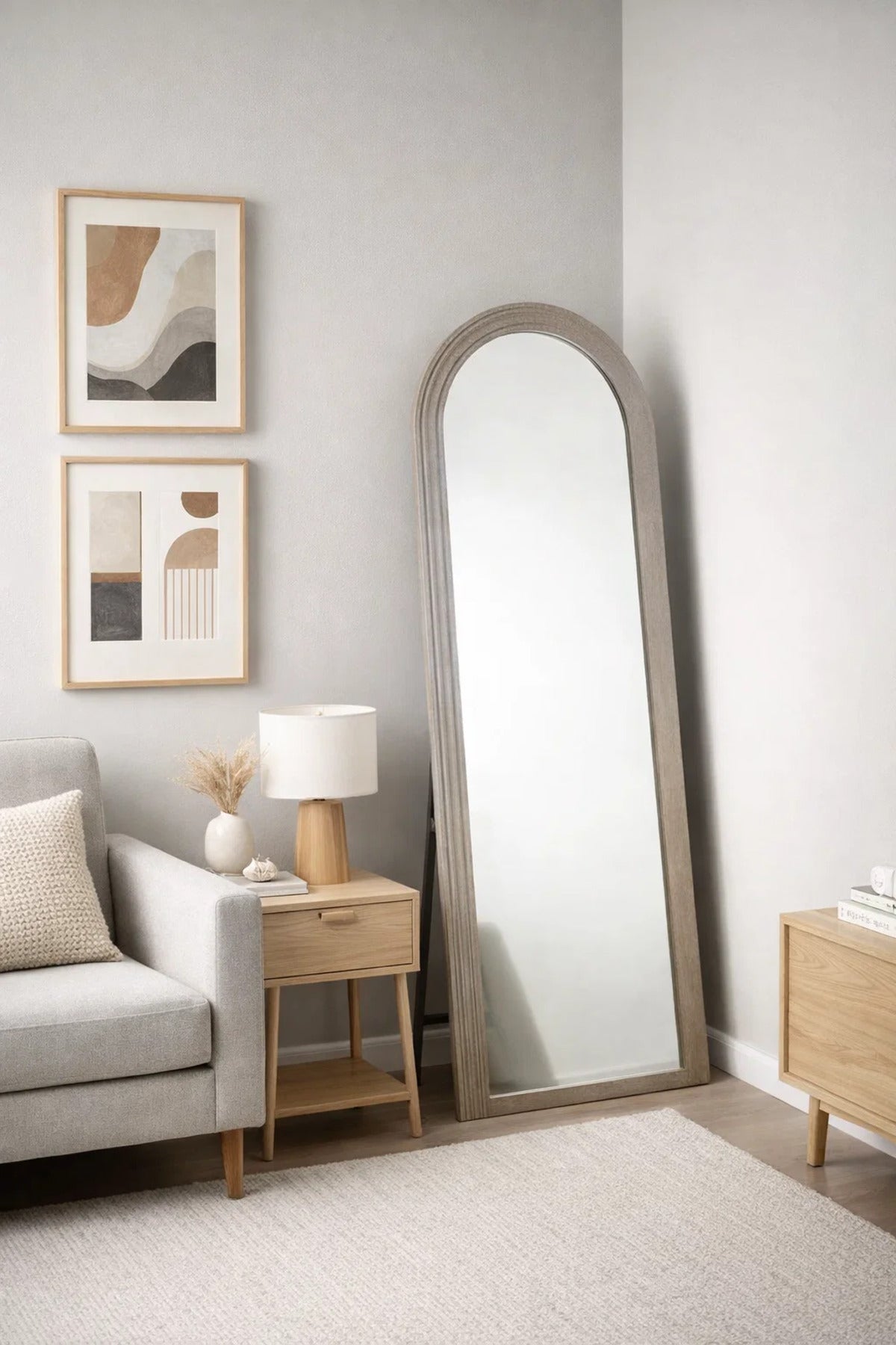 Modern Arched Full Length Standing Mirror 180x70cm Grey Wood Frame for Bedroom and Dressing Room