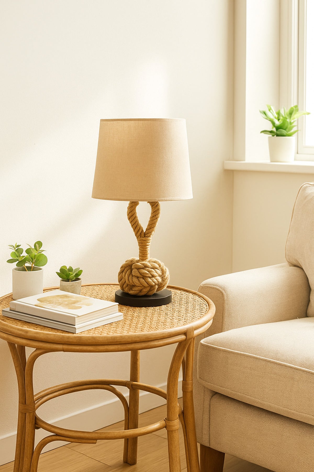 Rustic Rope Table Lamp Ð Beige Fabric Shade with Nautical Knot Design