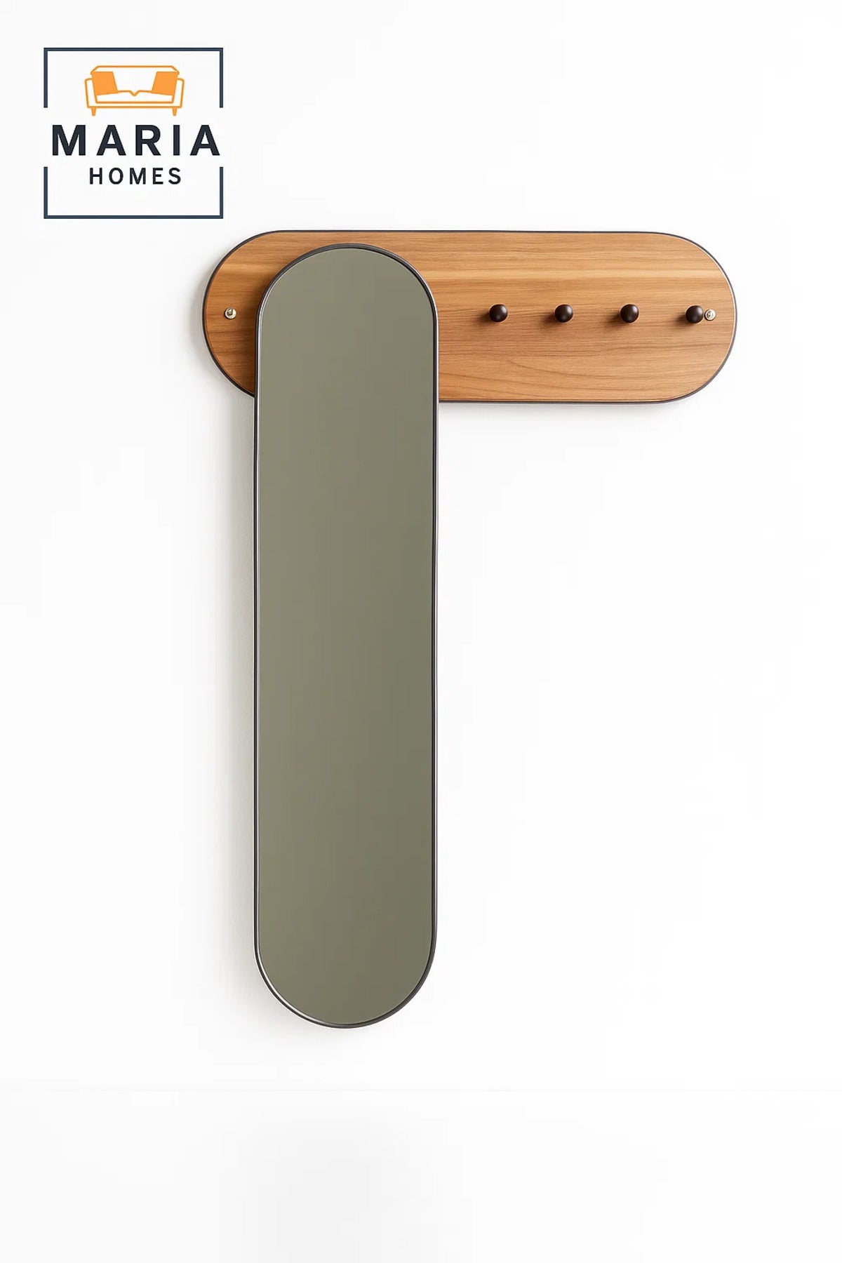Capsule Mirror with Wooden Wall Panel and Built-In Hooks