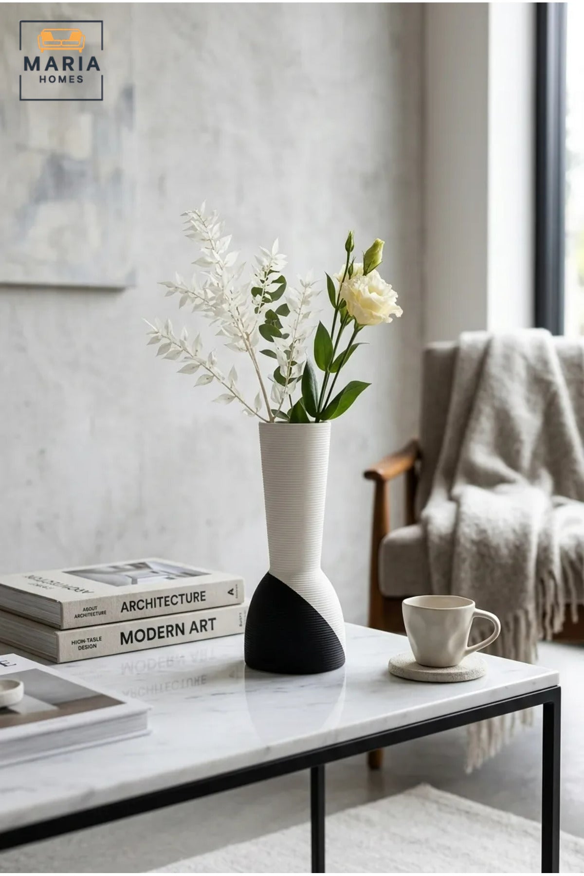 Modern Tall Decorative Flower Vase with Two-Tone Abstract Design, Narrow Opening and Ribbed Texture for Living Room, Bedroom, Office and Console Décor