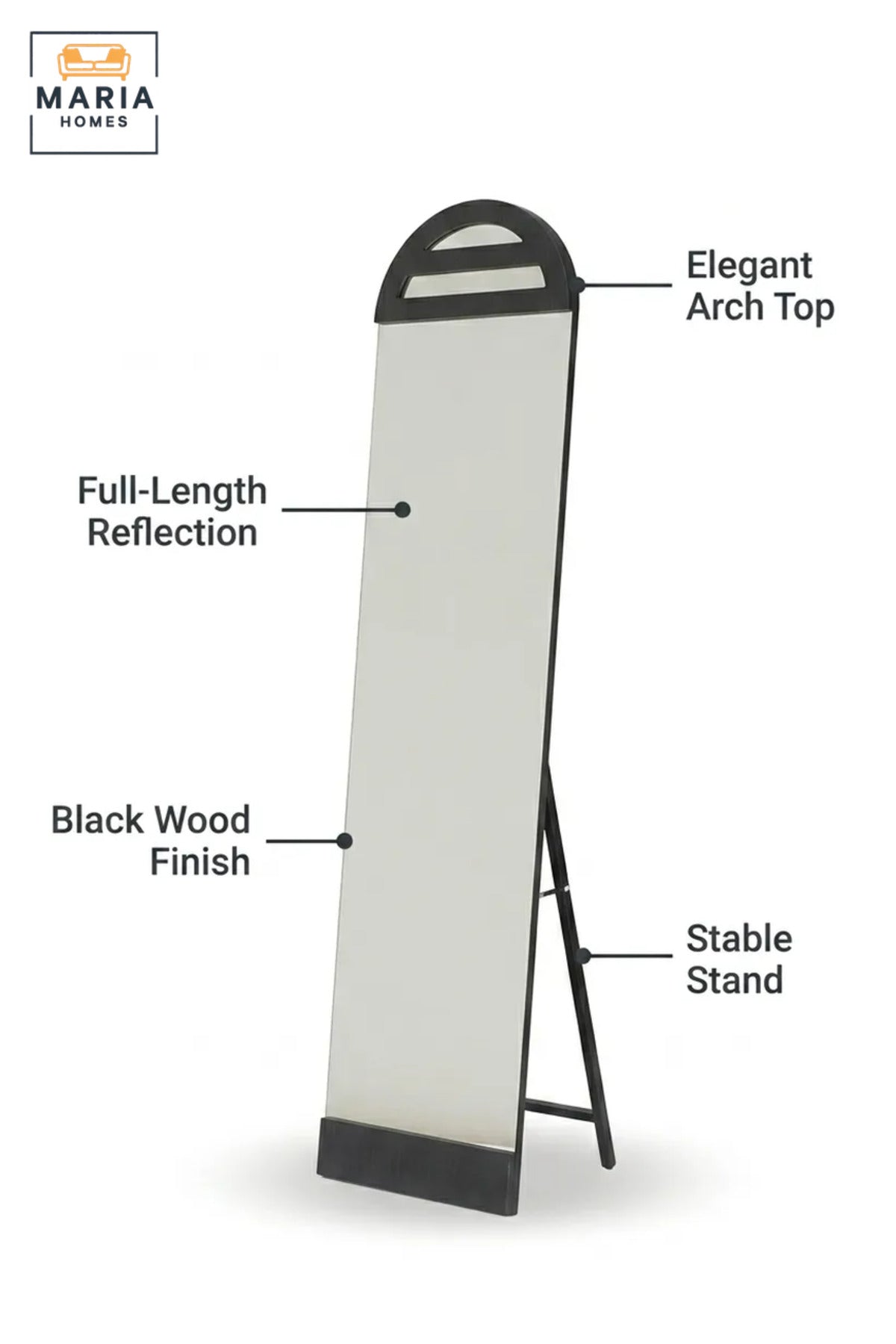 Modern Black Full Length Floor Mirror with Arched Wooden Frame and Freestanding Support for Bedroom, Dressing Room, Entryway, Salon and Boutique