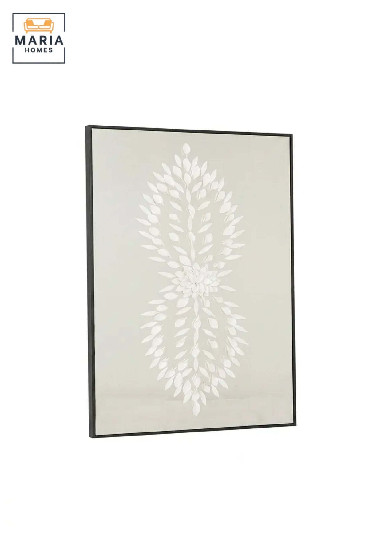 Modern Botanical Textured Wall Art with Slim Black Frame, White Leaf Design on Neutral Grey Canvas for Living Room, Bedroom, Hallway and Office Décor