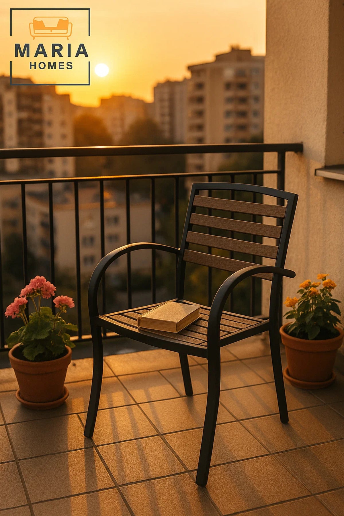 Brown & Black Outdoor Dining Chair Metal Frame Garden Patio Balcony Durable Modern Armchair