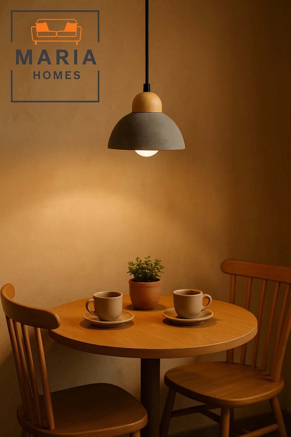 Textured Grey Dome Pendant Light with Wood Top