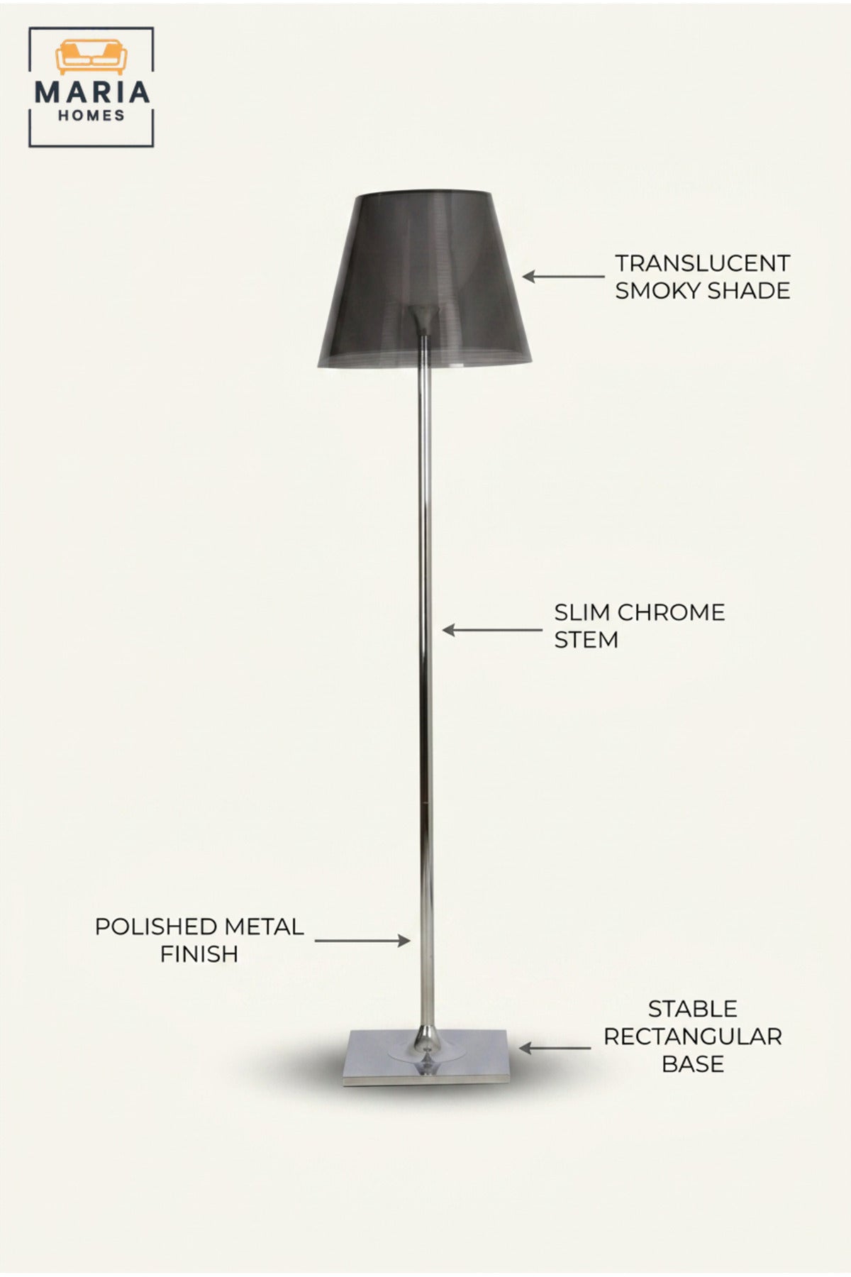 Modern Chrome Floor Lamp with Smoked Transparent Shade, Slim Upright Stand and Square Base Decorative Standing Light for Living Room Bedroom and Office