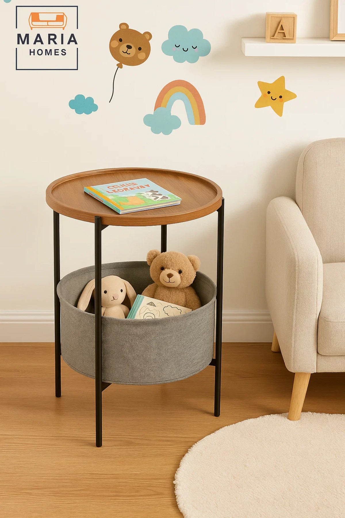 Compact Round Display Table with Dark Stone Finish and Short Black Legs