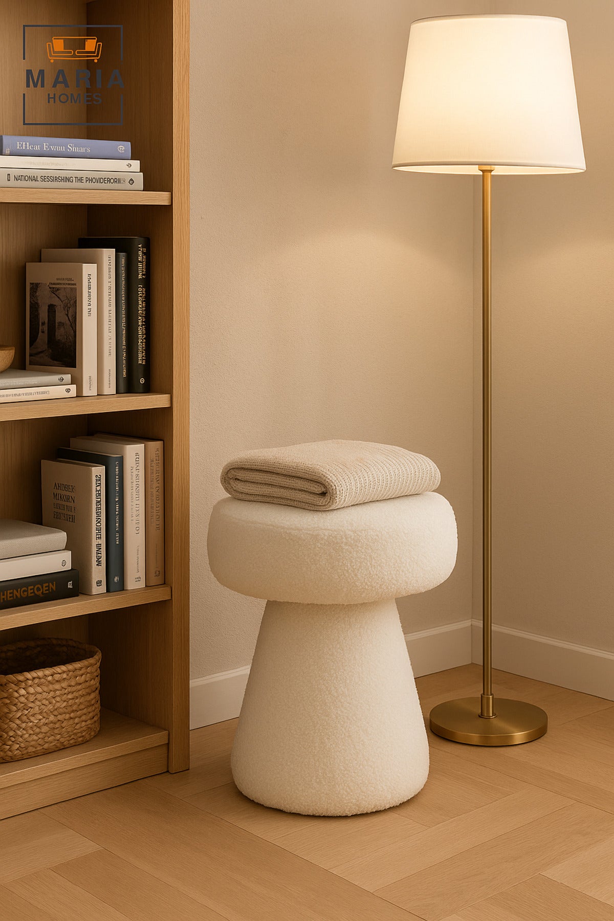 White BouclŽ Mushroom Stool Ð Modern Accent Ottoman for Living Room & Bedroom