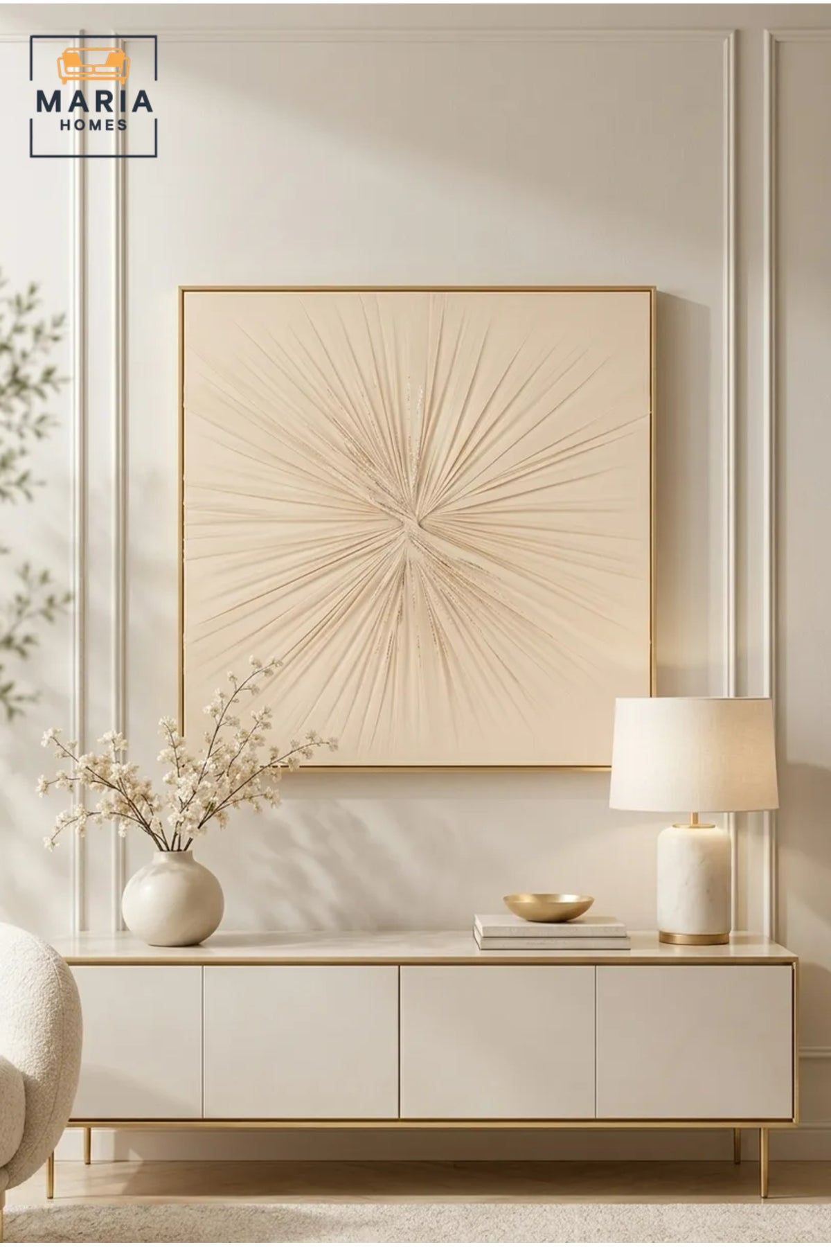 Modern Beige Sunburst Framed Wall Art √ê Minimalist Textured Abstract Painting for Living Room, Bedroom & Office D≈Ωcor