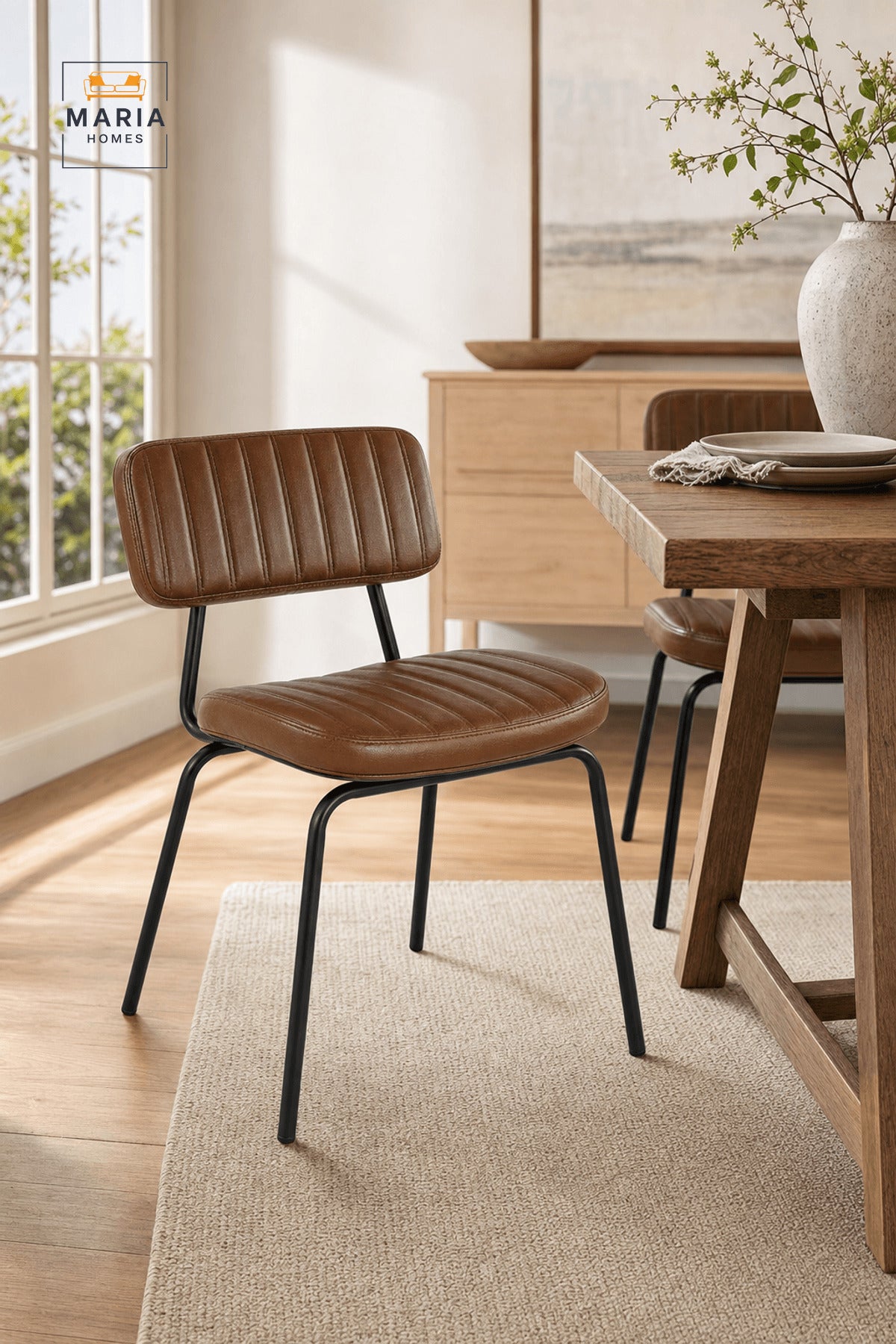 Brown Padded Dining Chair with Black Metal Legs and Vertical Stitch Detail